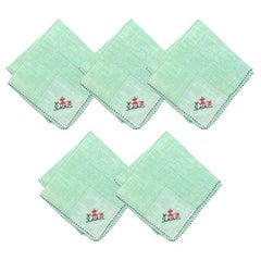 Chinoiserie Mint Green Square Embroidered Pagoda Motif Cloth Dinner Napkins, 5