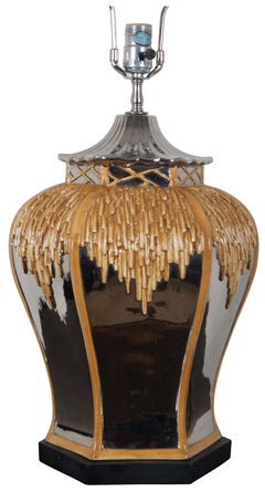 Chinoiserie Mirrored Porcelain Thatched Pagoda Octagon Ginger Jar Table Lamp