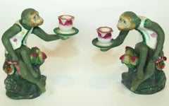 Scimmia Chinoiserie Figurina Portacandele in resina Verde e Rosa a Coppia