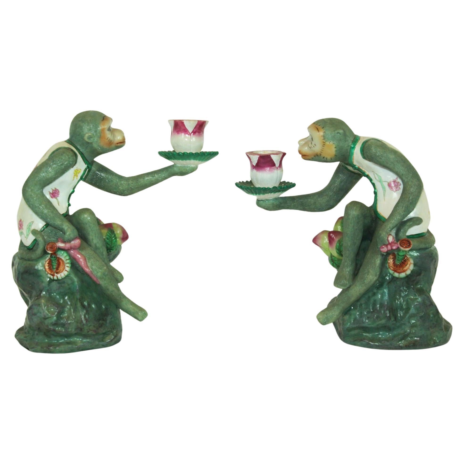 Chinoiserie Monkey Figurine Resin Candle Holders Green and Pink a Pair