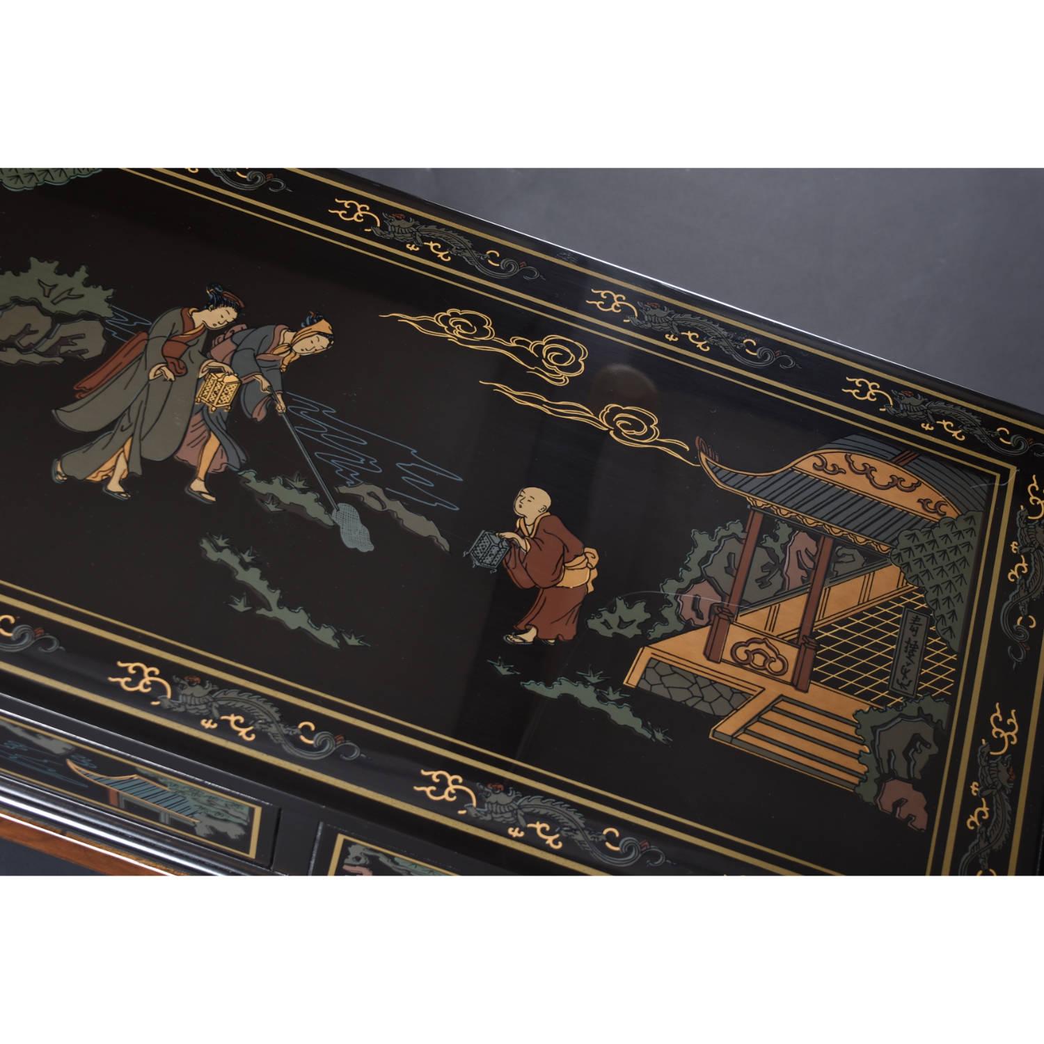 Chinoiserie Motif Hand Painted Drexel Black Lacquer Console Table with Drawer 3