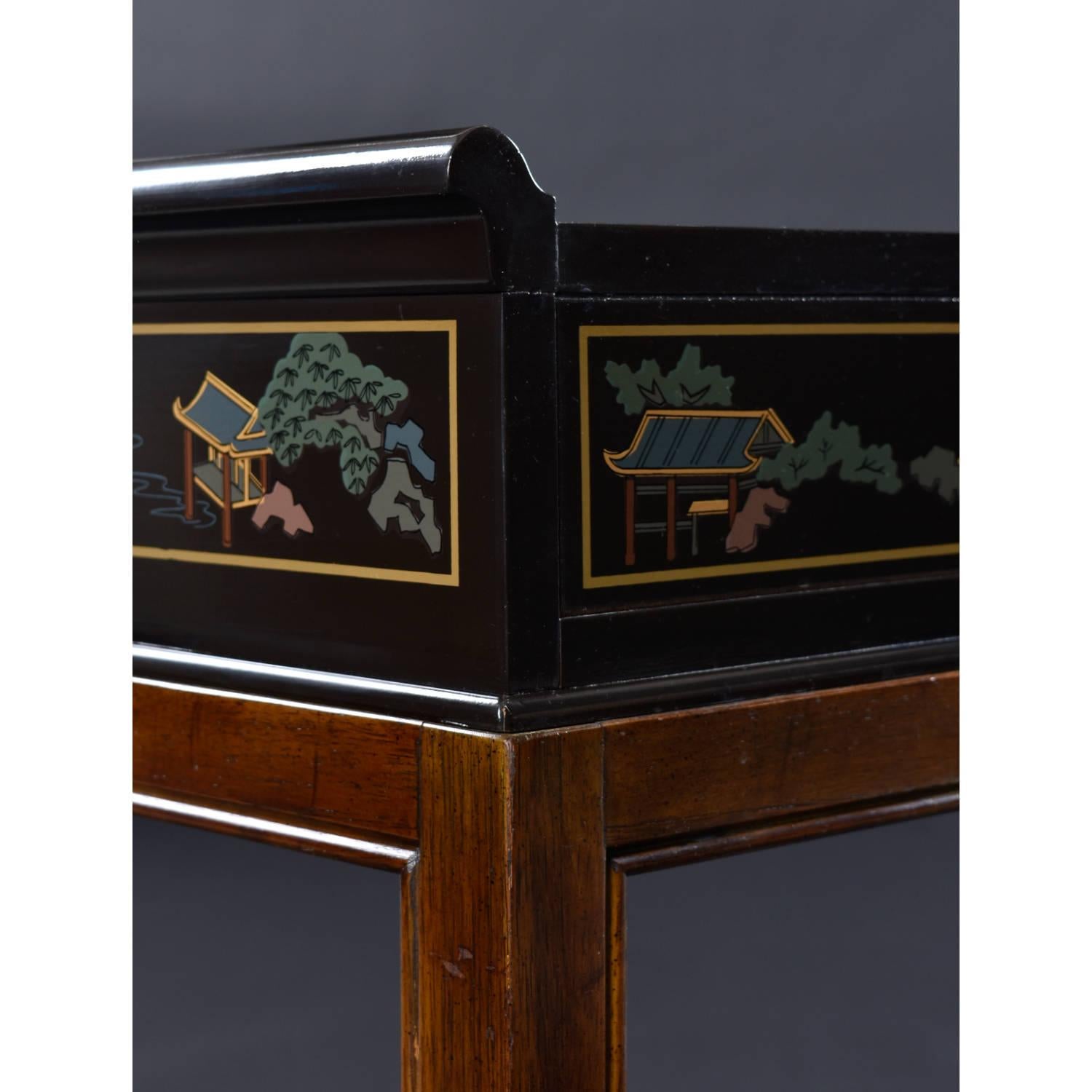 Chinoiserie Motif Hand Painted Drexel Black Lacquer Console Table with Drawer 5