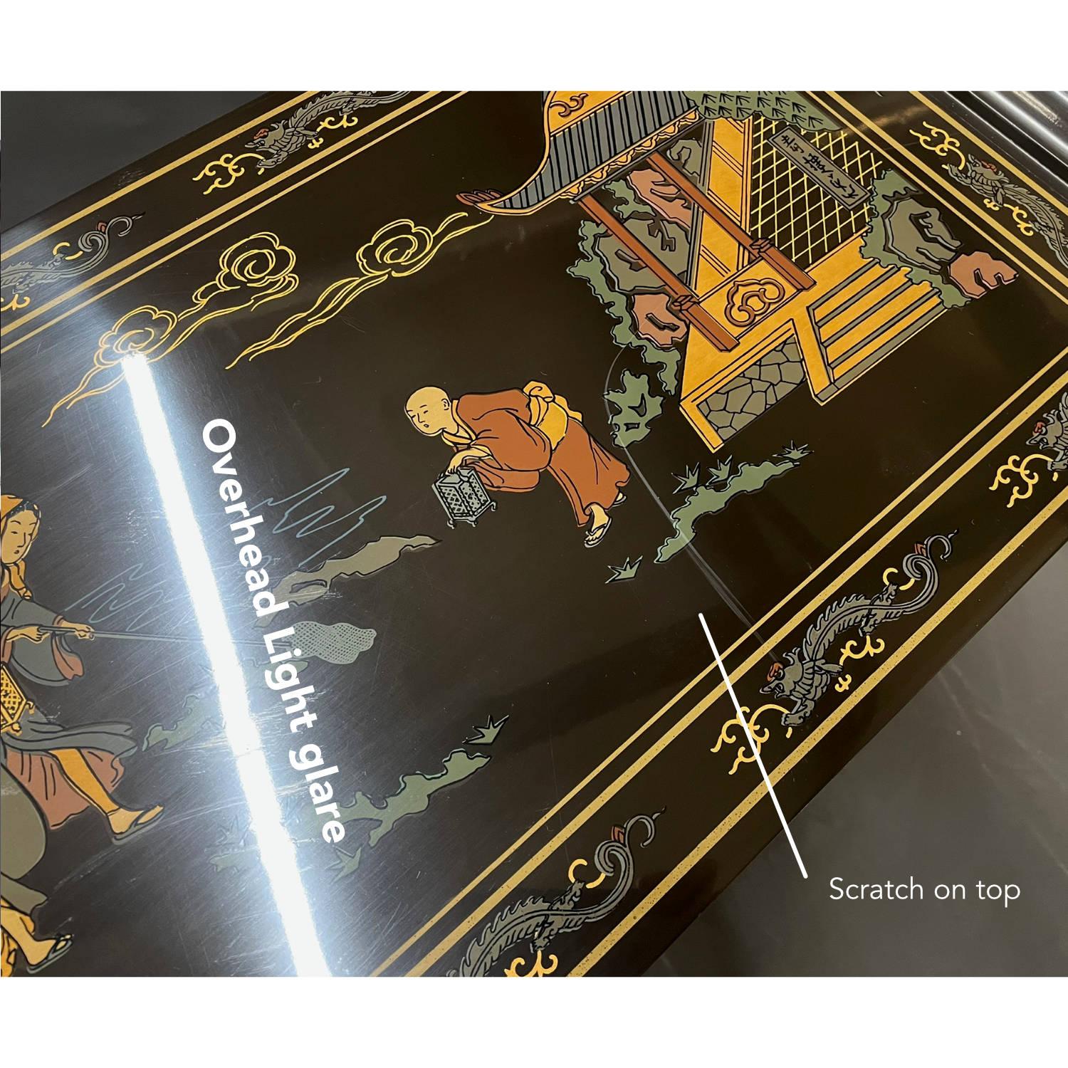 Chinoiserie Motif Hand Painted Drexel Black Lacquer Console Table with Drawer 7