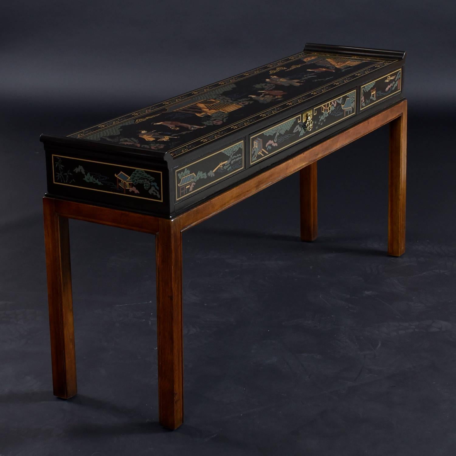 American Chinoiserie Motif Hand Painted Drexel Black Lacquer Console Table with Drawer