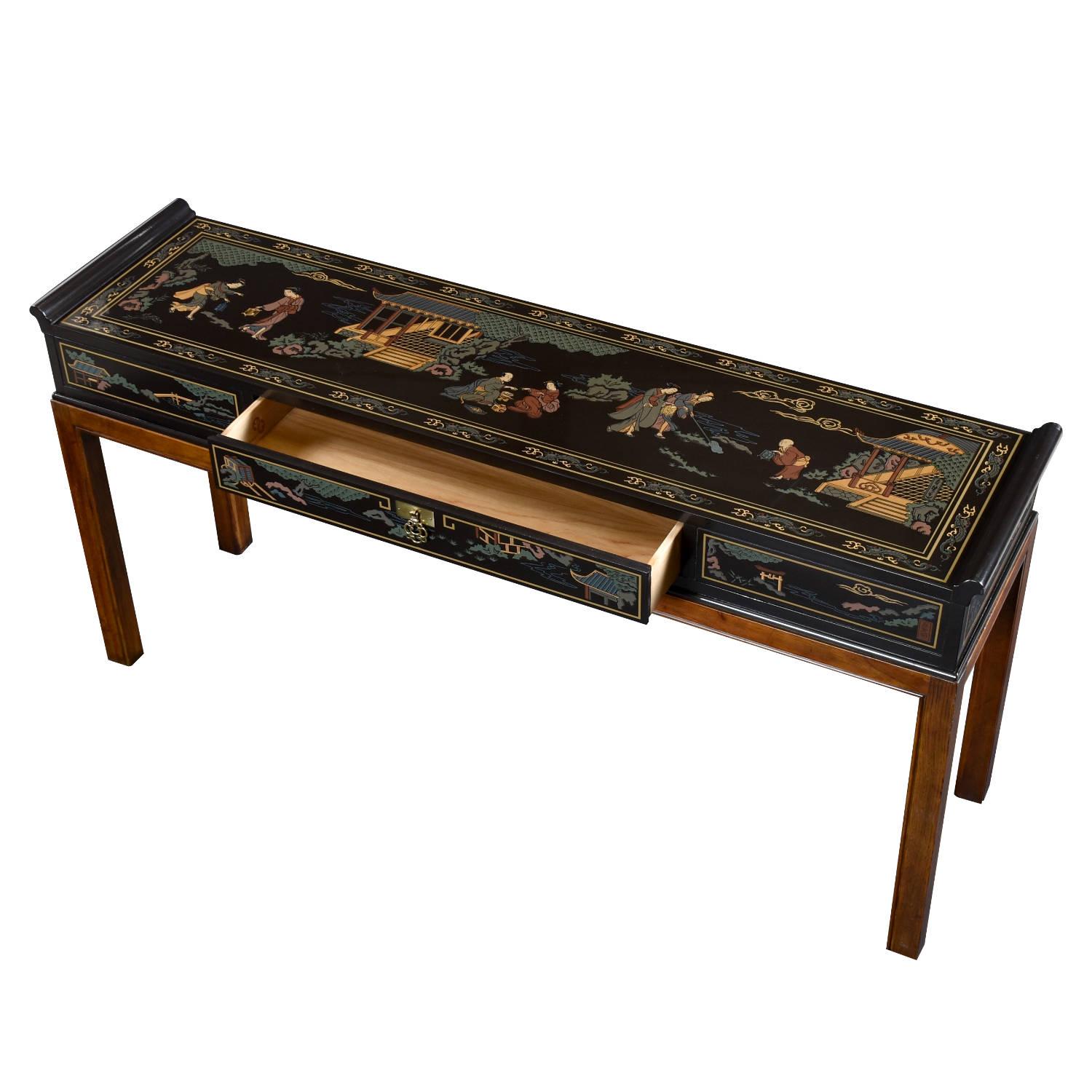 Blackened Chinoiserie Motif Hand Painted Drexel Black Lacquer Console Table with Drawer