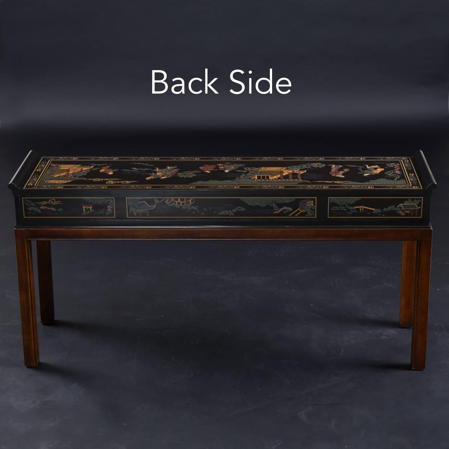 Chinoiserie Motif Hand Painted Drexel Black Lacquer Console Table with Drawer In Good Condition In Chattanooga, TN