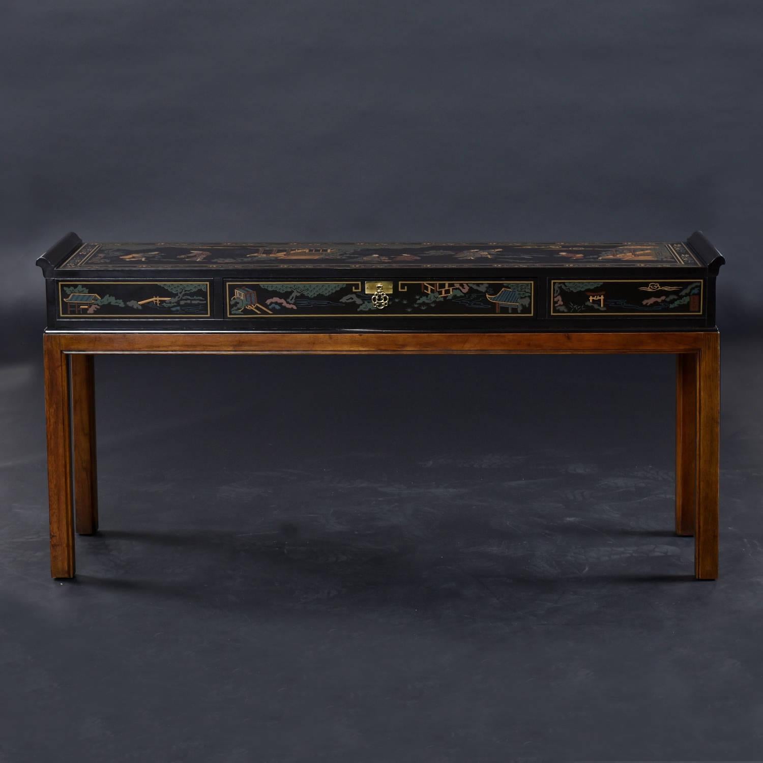 Late 20th Century Chinoiserie Motif Hand Painted Drexel Black Lacquer Console Table with Drawer