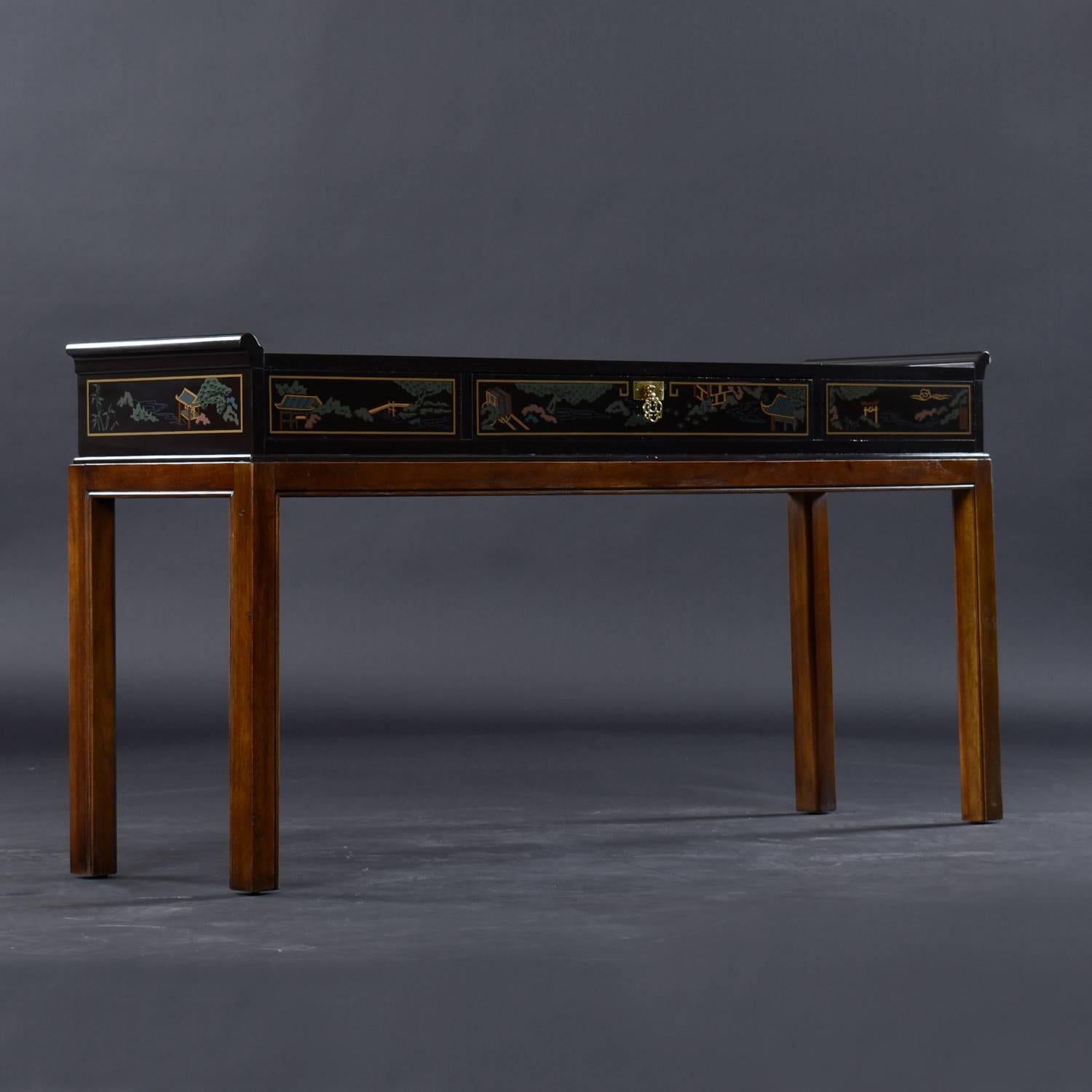 Mahogany Chinoiserie Motif Hand Painted Drexel Black Lacquer Console Table with Drawer