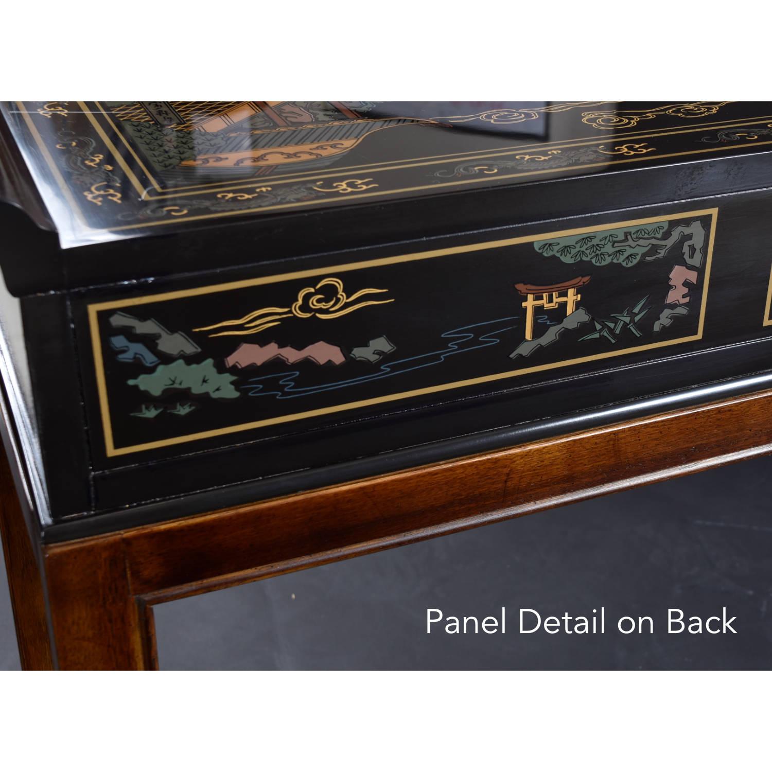 Chinoiserie Motif Hand Painted Drexel Black Lacquer Console Table with Drawer 1