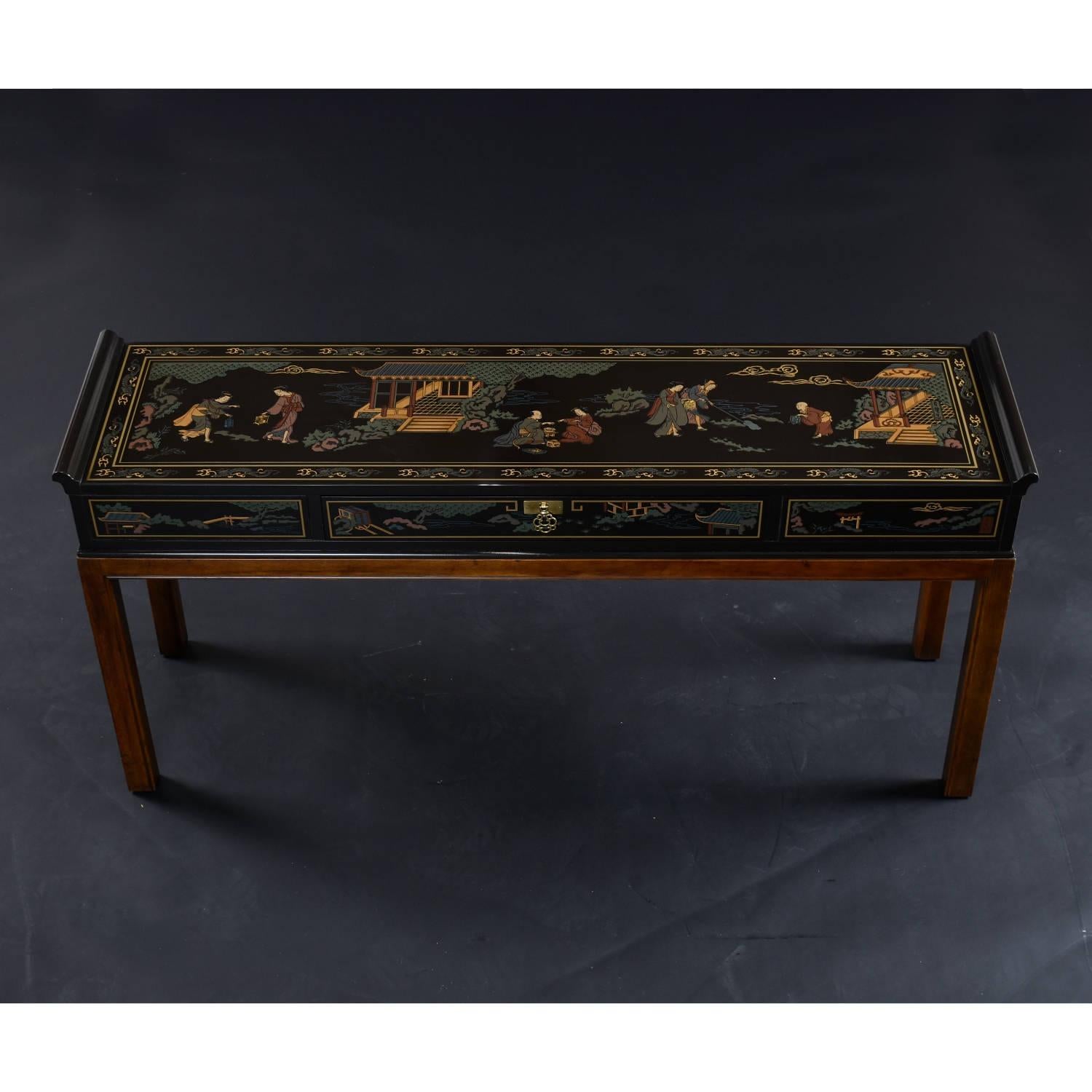 Chinoiserie Motif Hand Painted Drexel Black Lacquer Console Table with Drawer 2