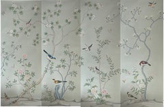 Chinoiserie Mural Hand Painted Wallpaper on Blue Gray Silk - Accept Custom Size