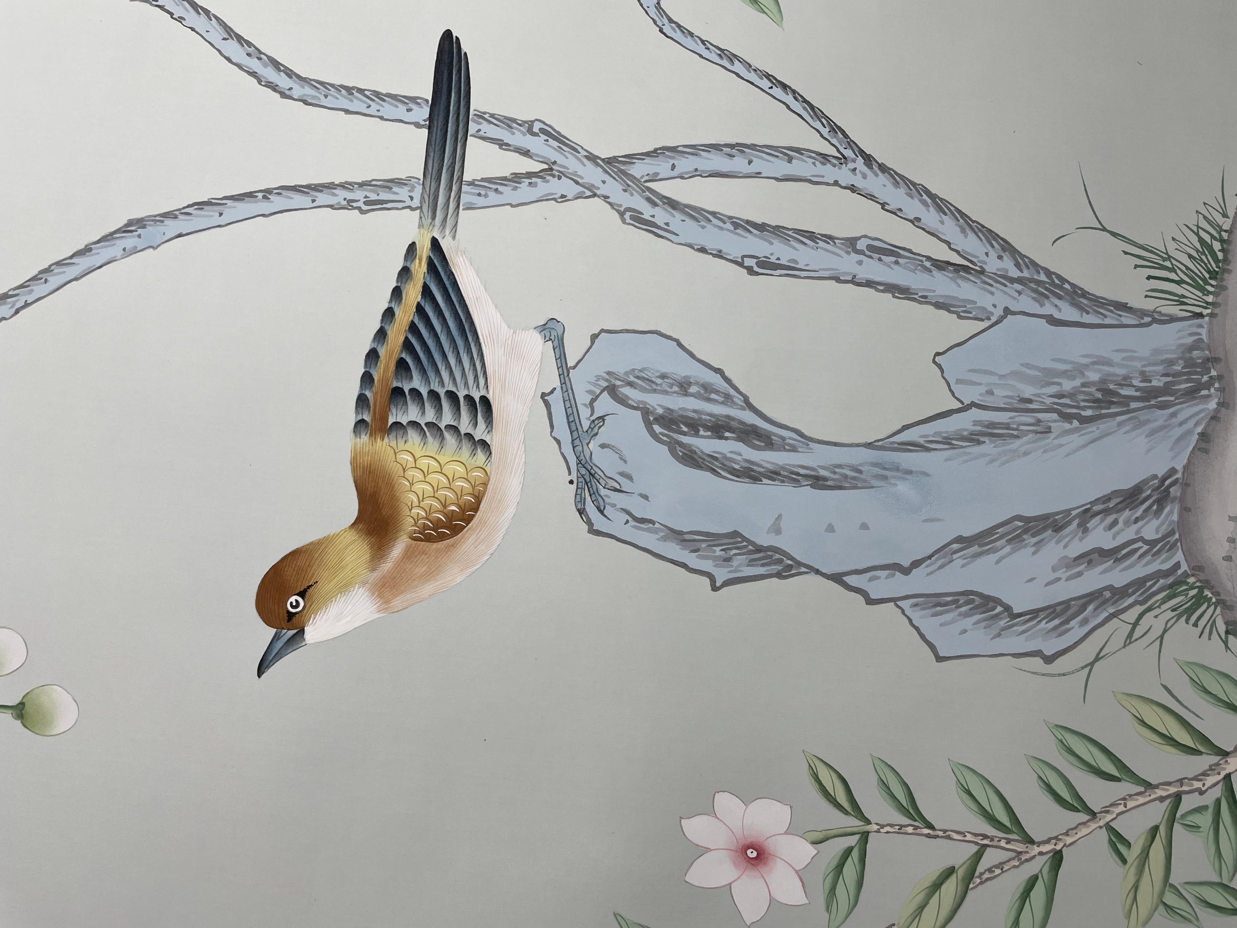 Chinese Chinoiserie Mural Hand Painted Wallpaper on Blue Gray Silk - Accept Custom Size For Sale