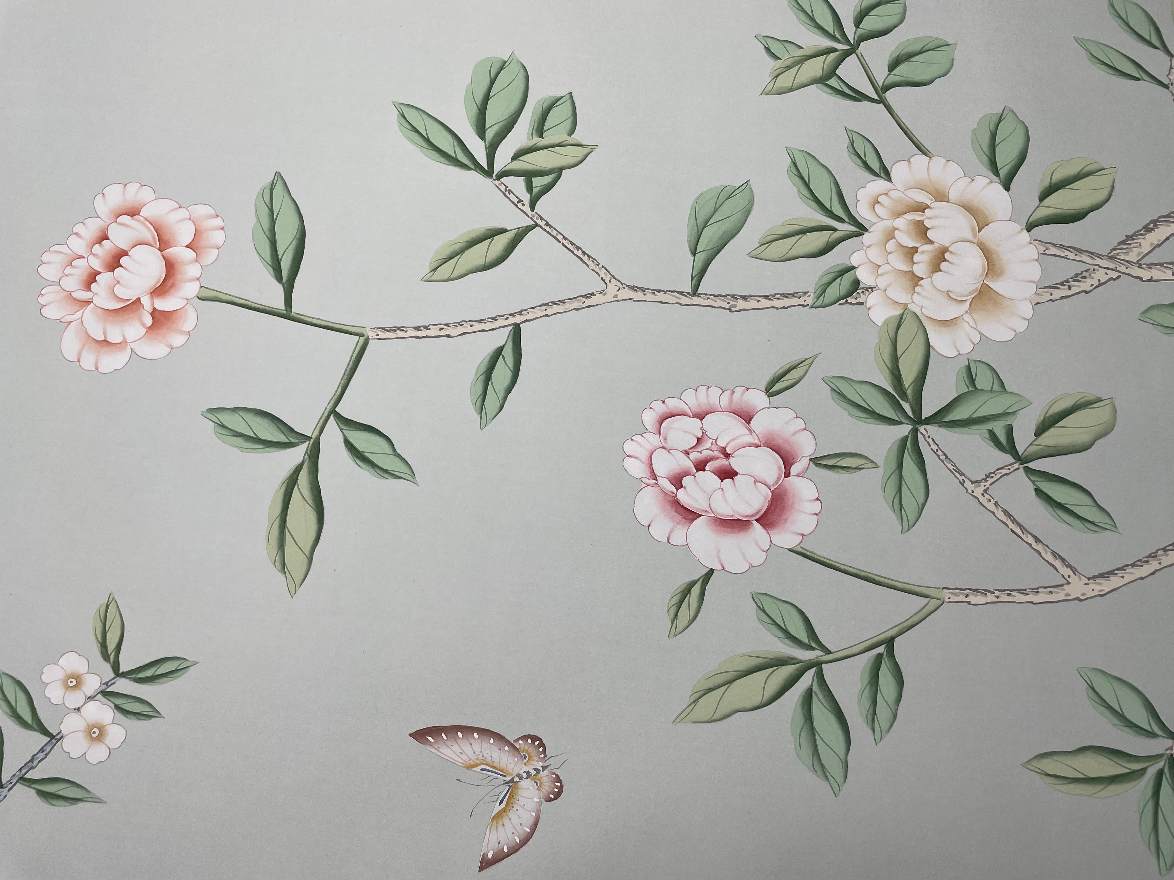 Hand-Painted Chinoiserie Mural Hand Painted Wallpaper on Blue Gray Silk - Accept Custom Size For Sale