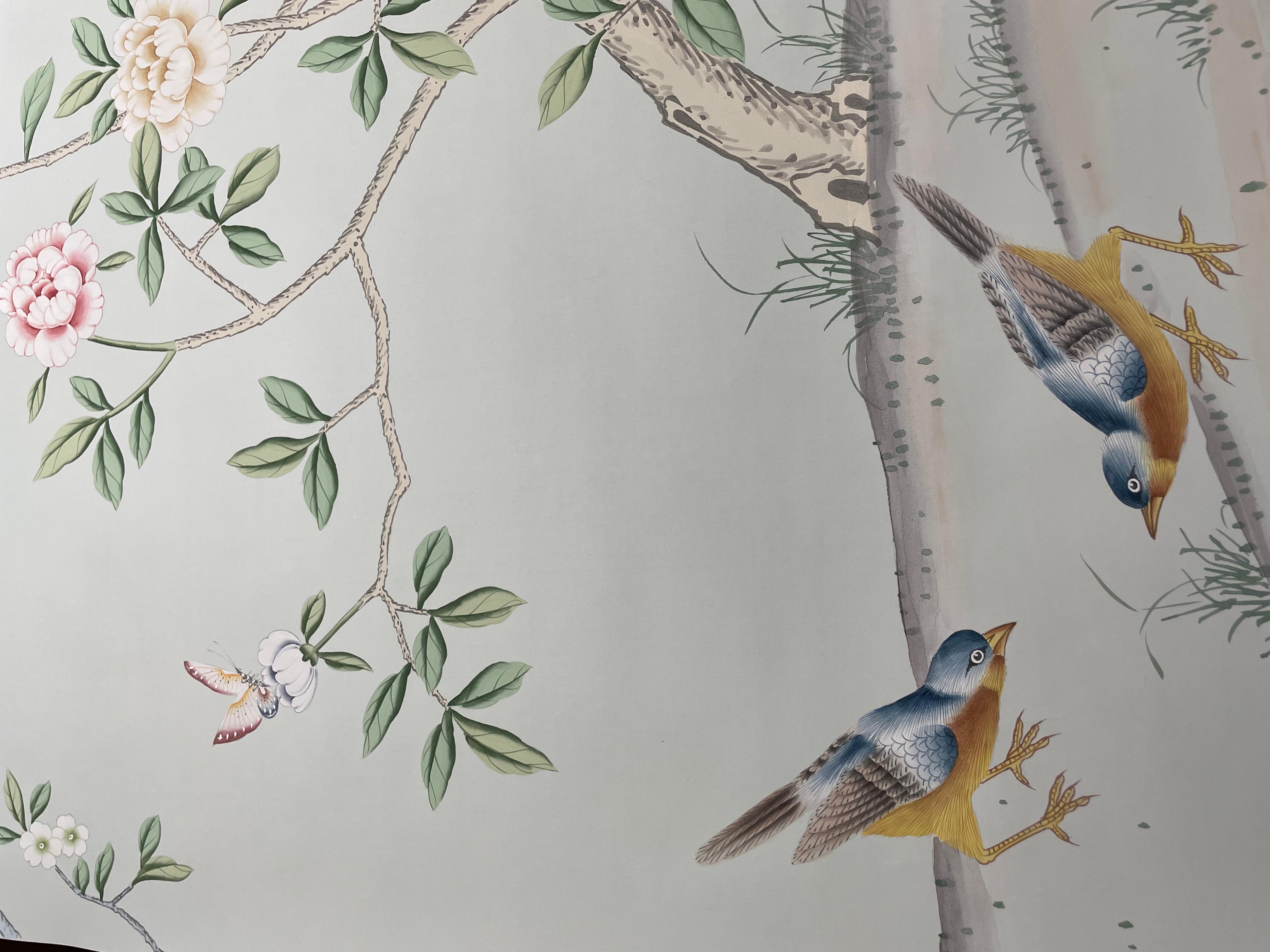 Chinoiserie Mural Hand Painted Wallpaper on Blue Gray Silk - Accept Custom Size In New Condition For Sale In Wuxi, 32