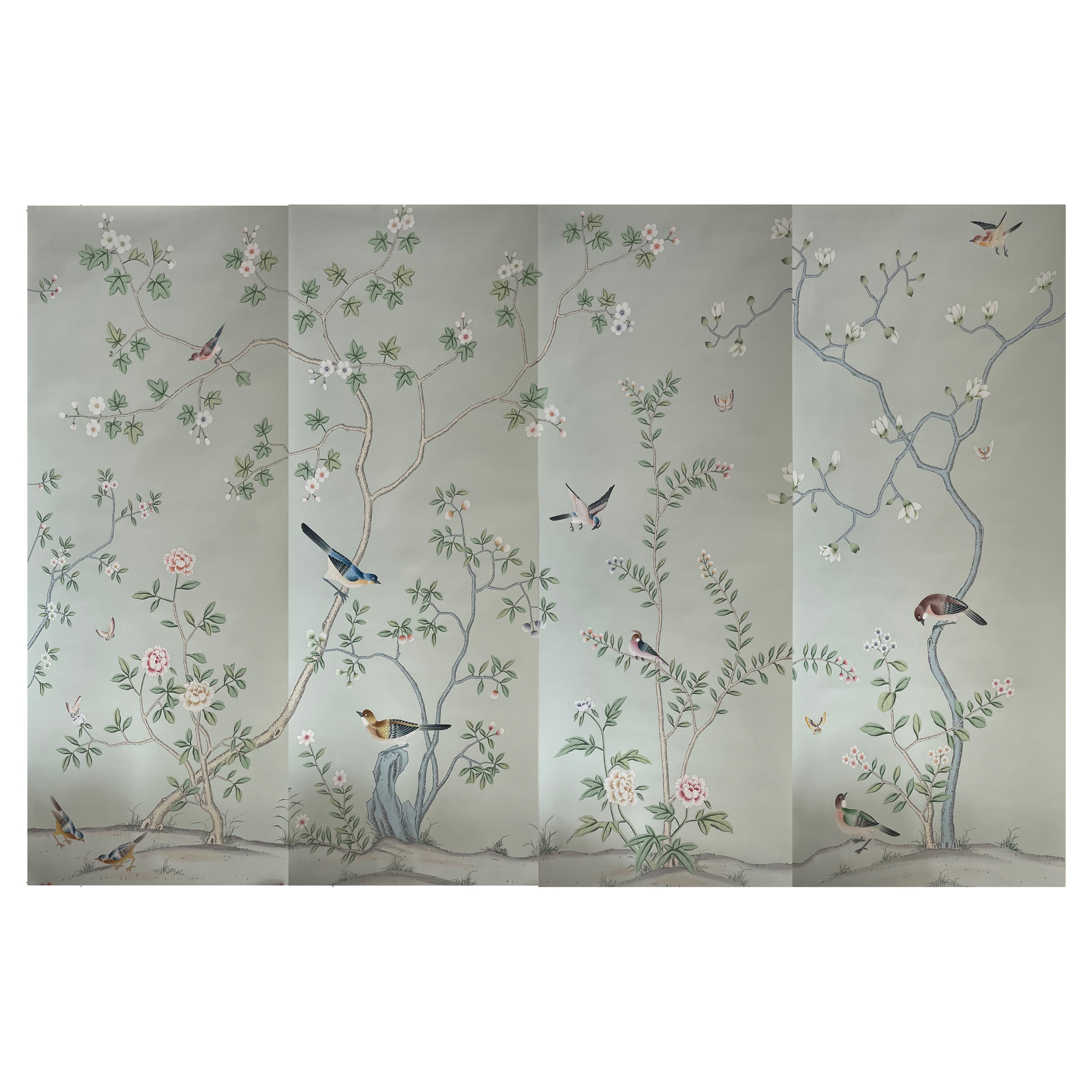 Handbemalte Wandteppich aus blau-grauer Seide in Chinoiserie-Optik - Anpassung maßgefertigter Größe