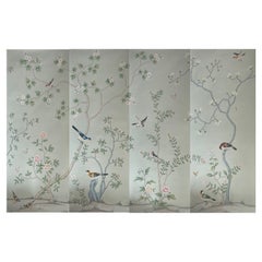 Handbemalte Wandteppich aus blau-grauer Seide in Chinoiserie-Optik - Anpassung maßgefertigter Größe