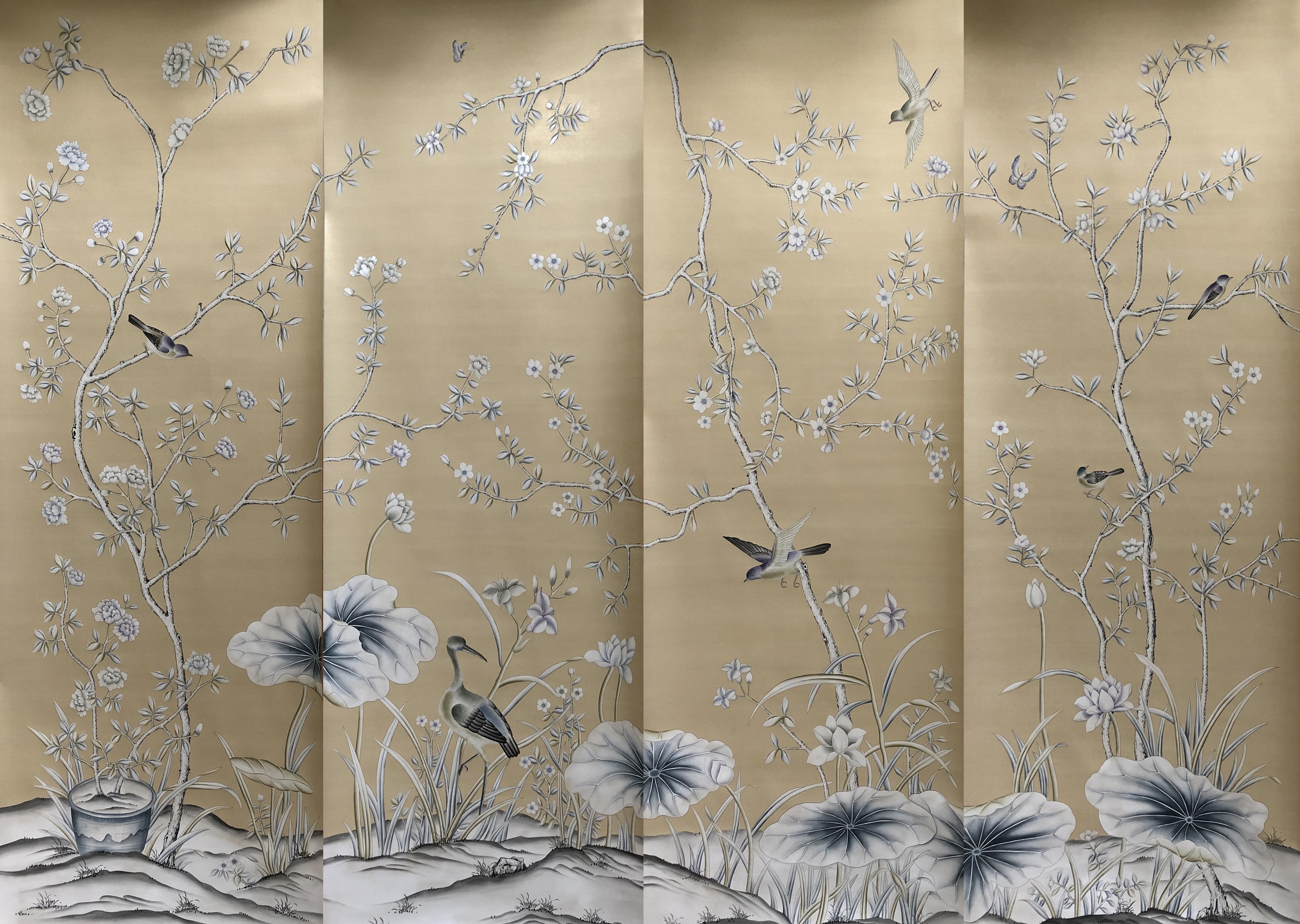 Hand-Painted Chinoiserie Murals Chinoiserie Wallpaper Hand Painted Silk Wallpaper For Sale
