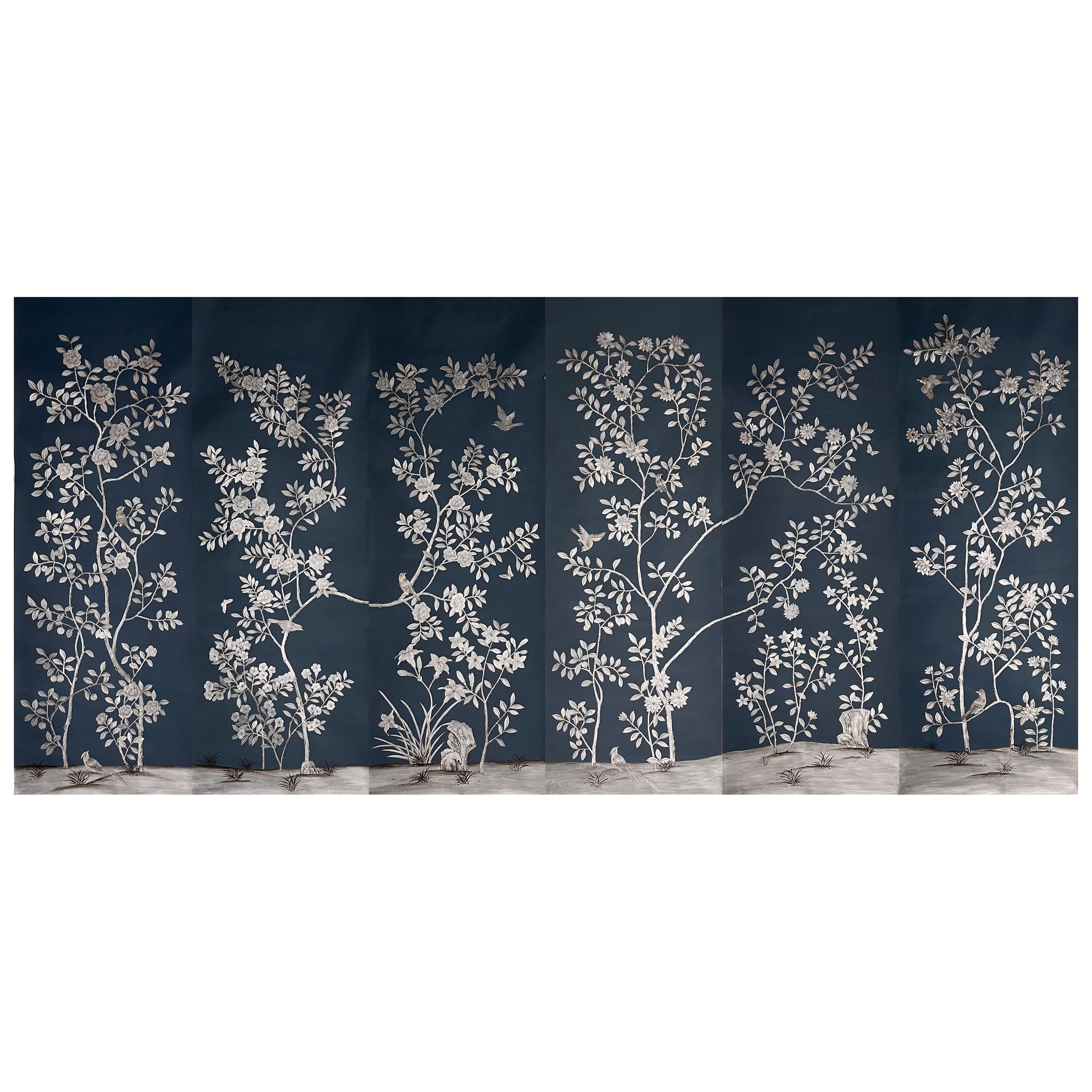 Chinoiserie-Wandteppich, Chinoiserie-Tapete, handbemalt im Angebot