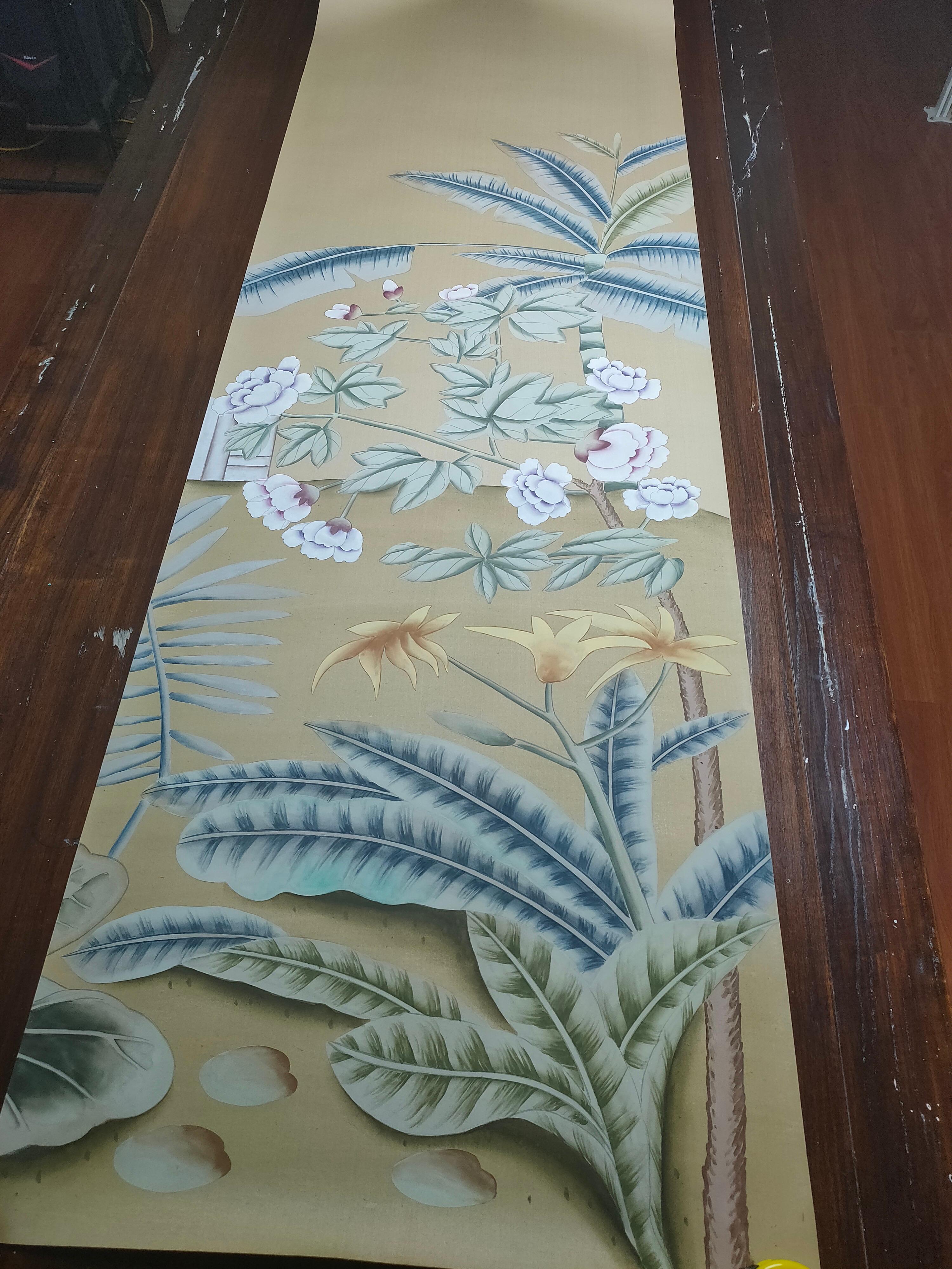 Chinese Chinoiserie Murals Hand Painted Wallpapers on Silk Panel, 4 Panels For Sale