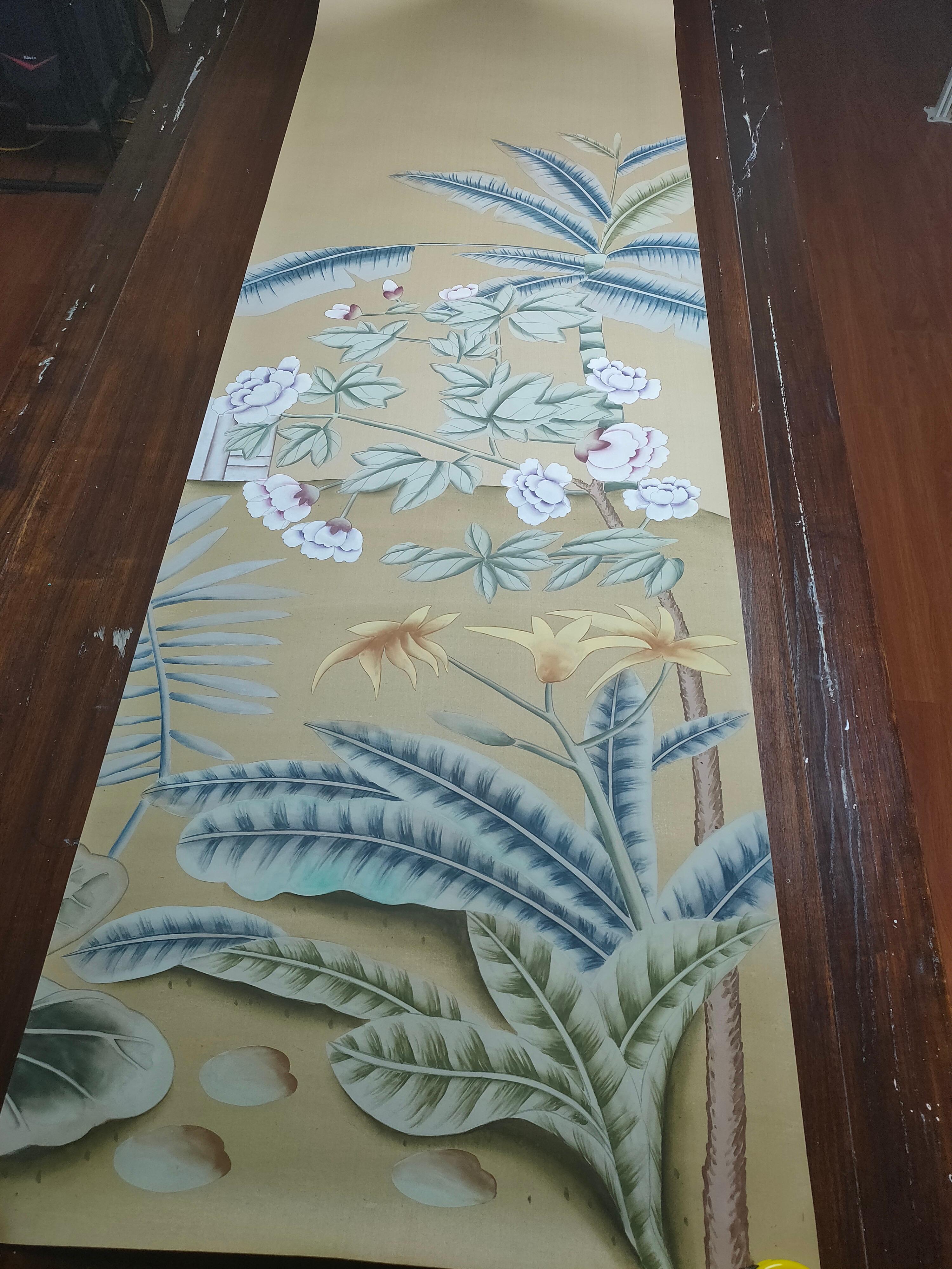 Cinese Chinoiserie Murals Hand Painted Wallpapers on Silk Panel, 4 Panels in vendita
