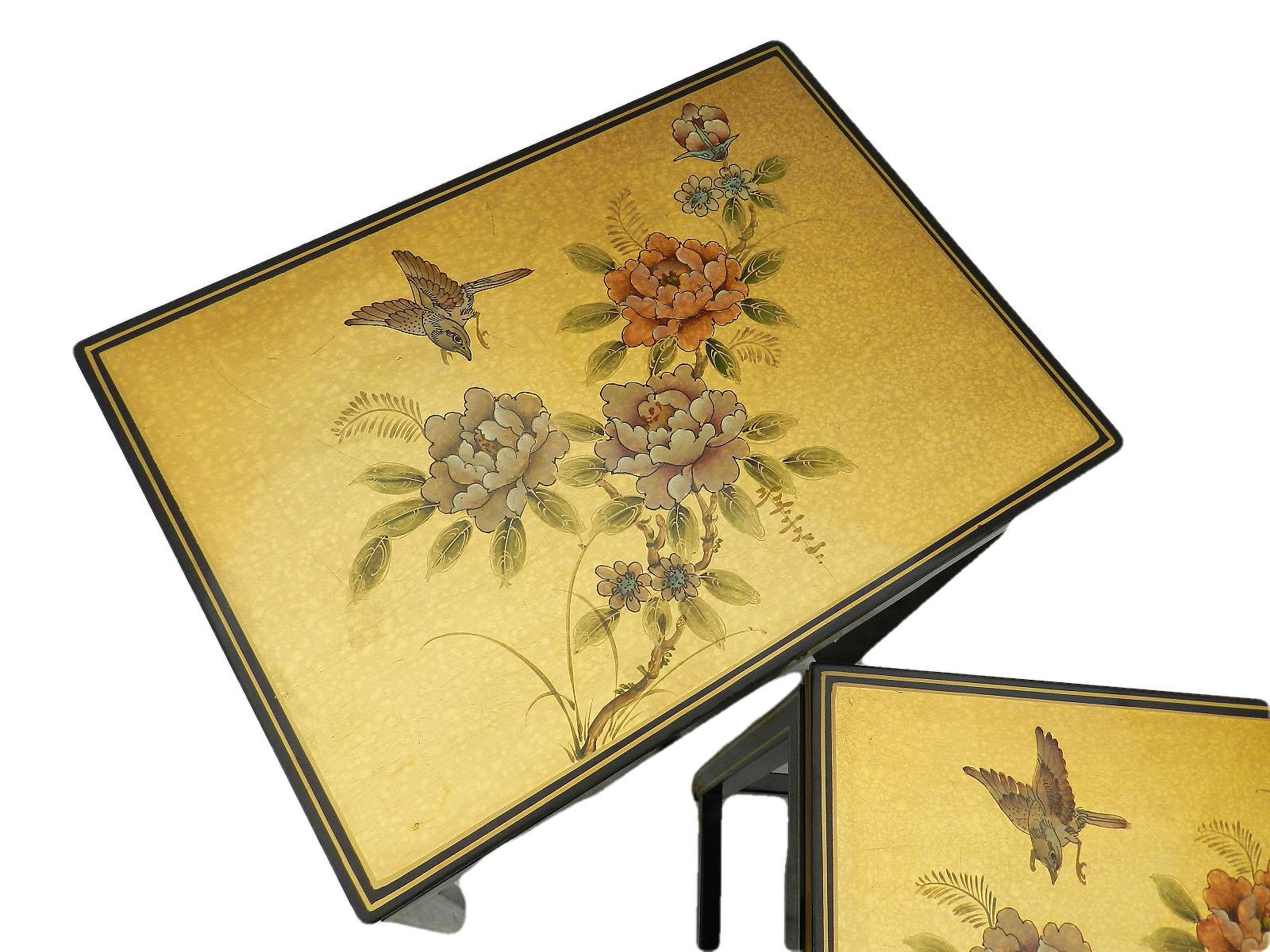 Chinese Chinoiserie Nesting Tables Black Lacquer Decorative Gold Birds Flowers
