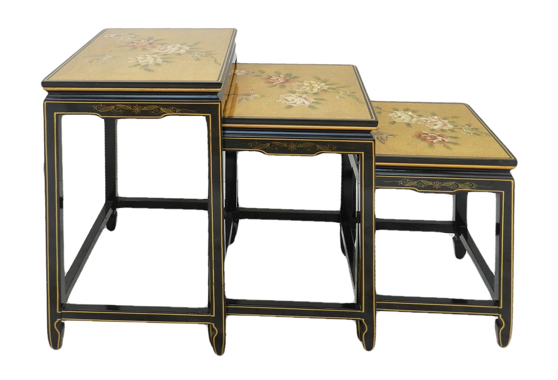 Lacquered Chinoiserie Nesting Tables Black Lacquer Decorative Gold Birds Flowers