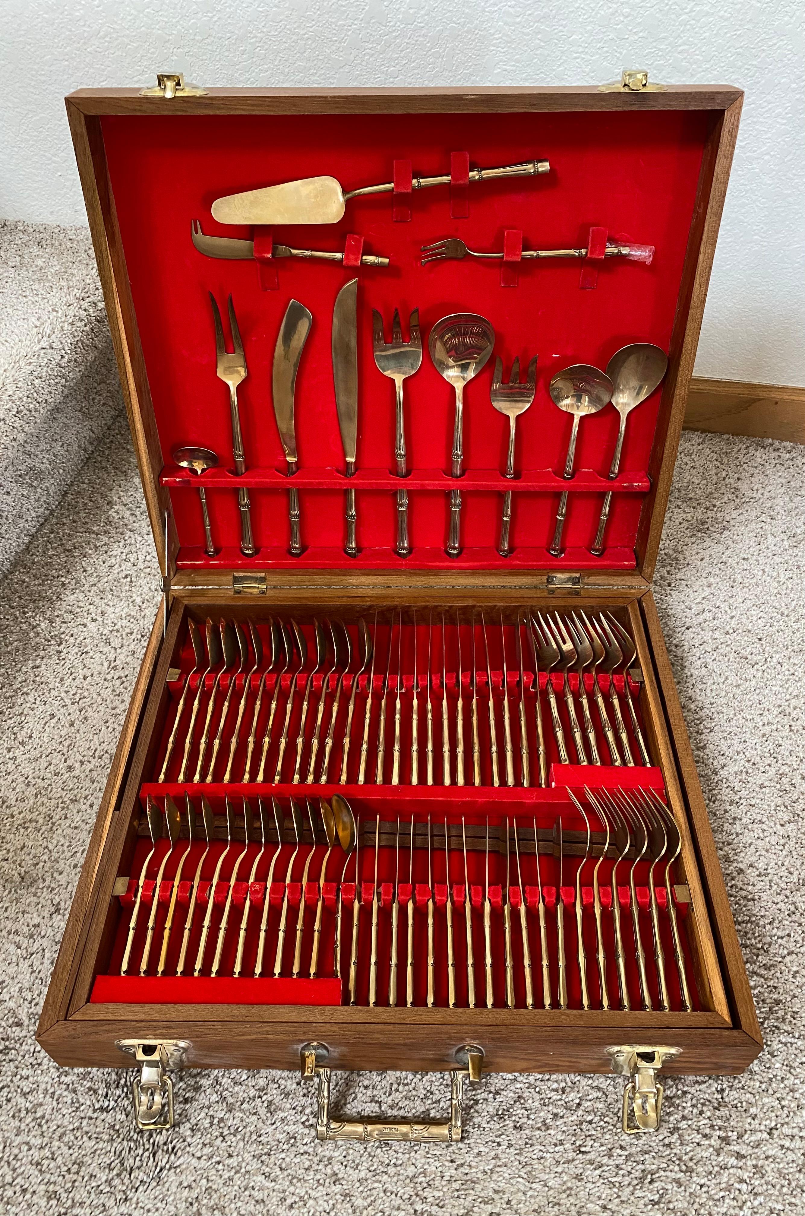 Chinoiserie Nickel Bronze Faux Bamboo Flatware Set (144 Pieces) For Sale 5