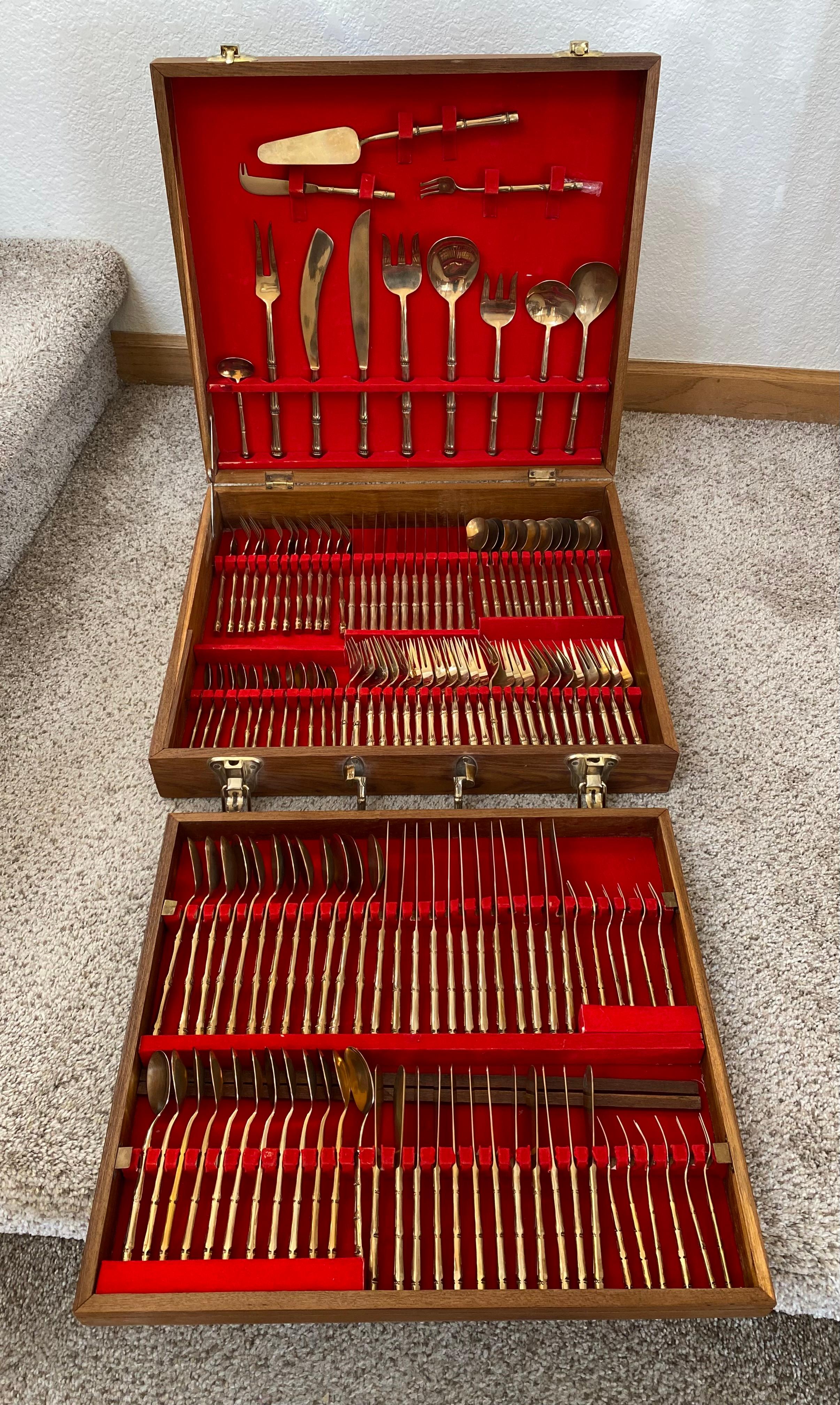 Chinoiserie Nickel Bronze Faux Bamboo Flatware Set (144 Pieces) For Sale 6