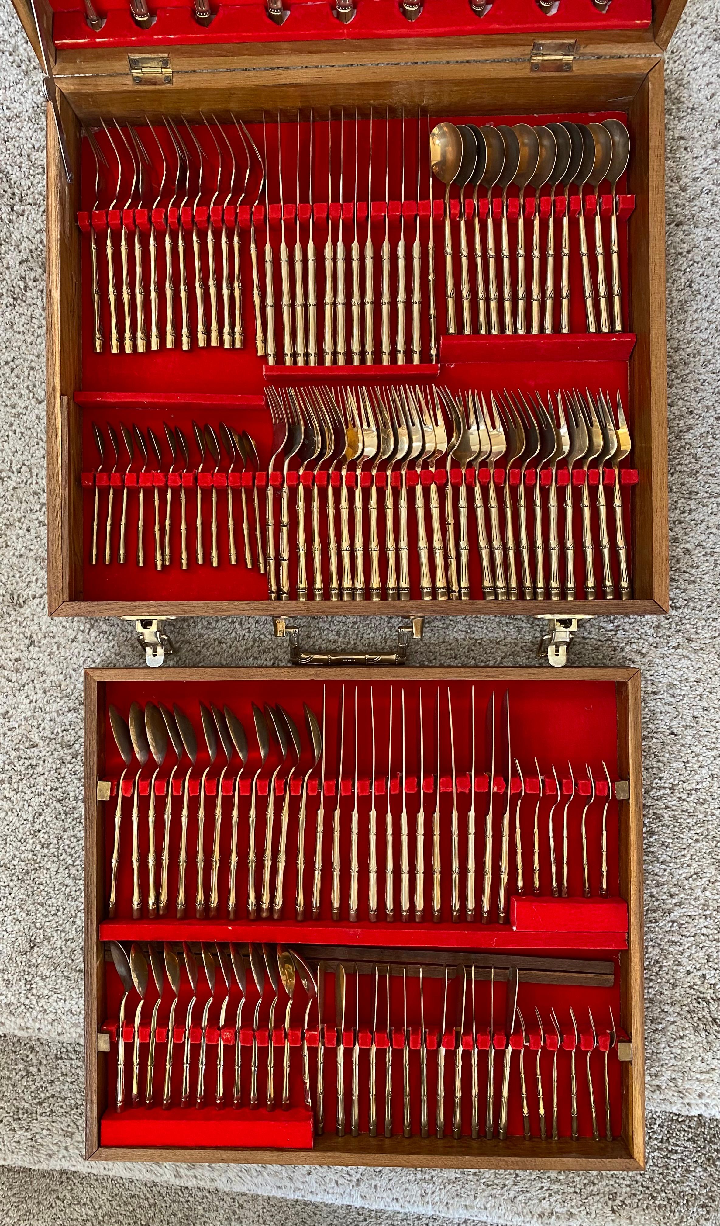 Chinoiserie Nickel Bronze Faux Bamboo Flatware Set (144 Pieces) For Sale 7