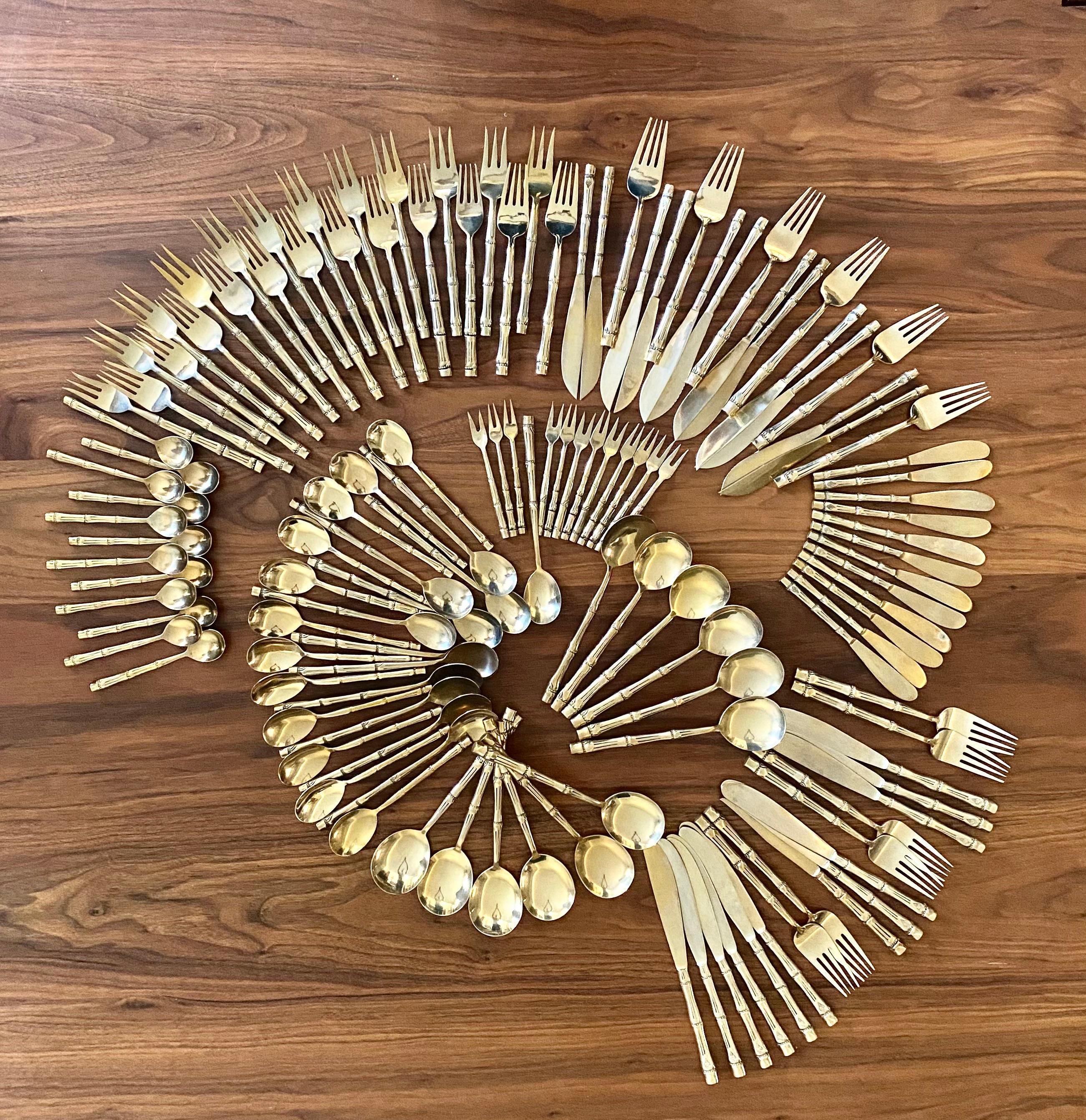 Thai Chinoiserie Nickel Bronze Faux Bamboo Flatware Set (144 Pieces) For Sale