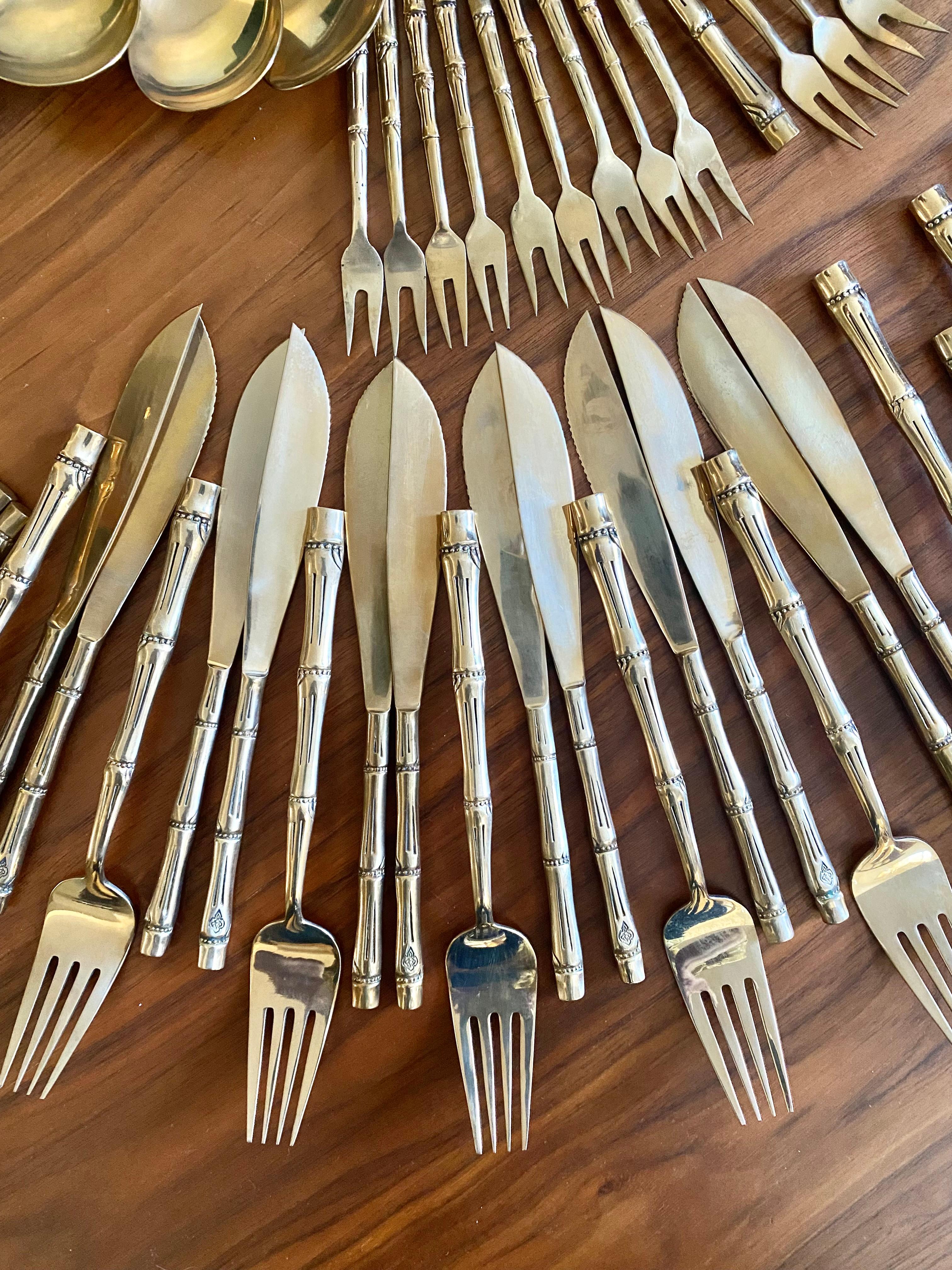 20th Century Chinoiserie Nickel Bronze Faux Bamboo Flatware Set (144 Pieces) For Sale