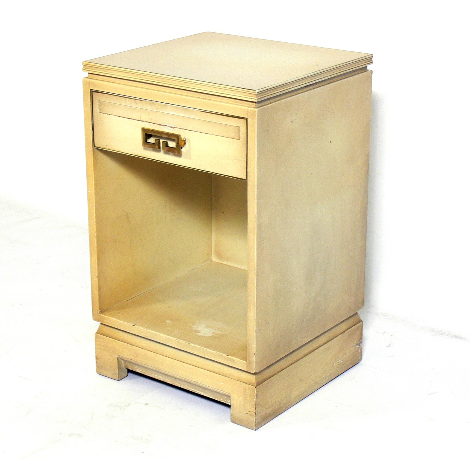 Pair of Chinoiserie or Asian style nightstands, for the retailer John Stuart of NYC, American, circa 1950s. These nightstands are currently being refinished and can be completed in your choice of color. Whether you prefer wood stain or a solid color