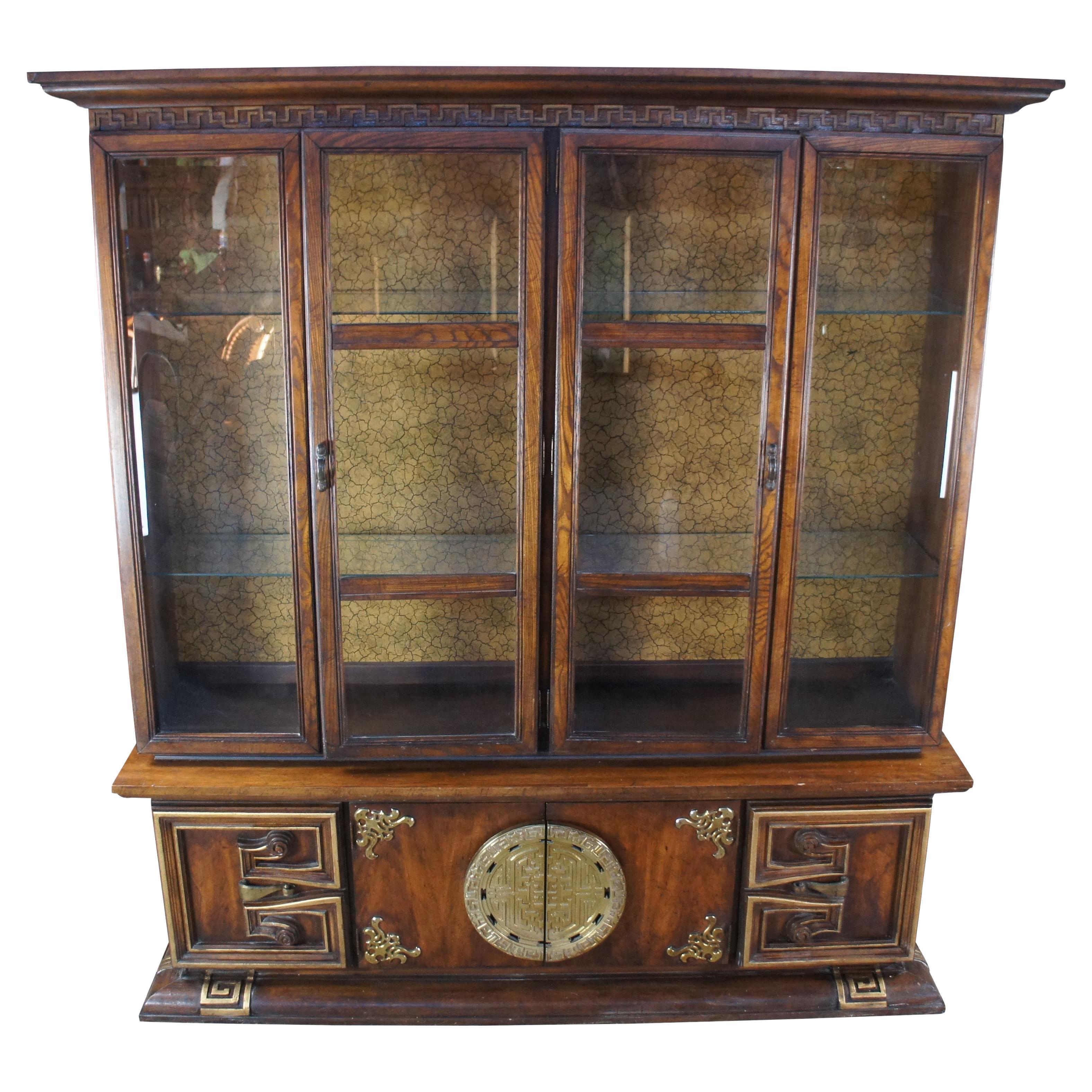 Chinoiserie Oak Chinese Shou Ming Style China Display Cabinet Credenza 84" For Sale