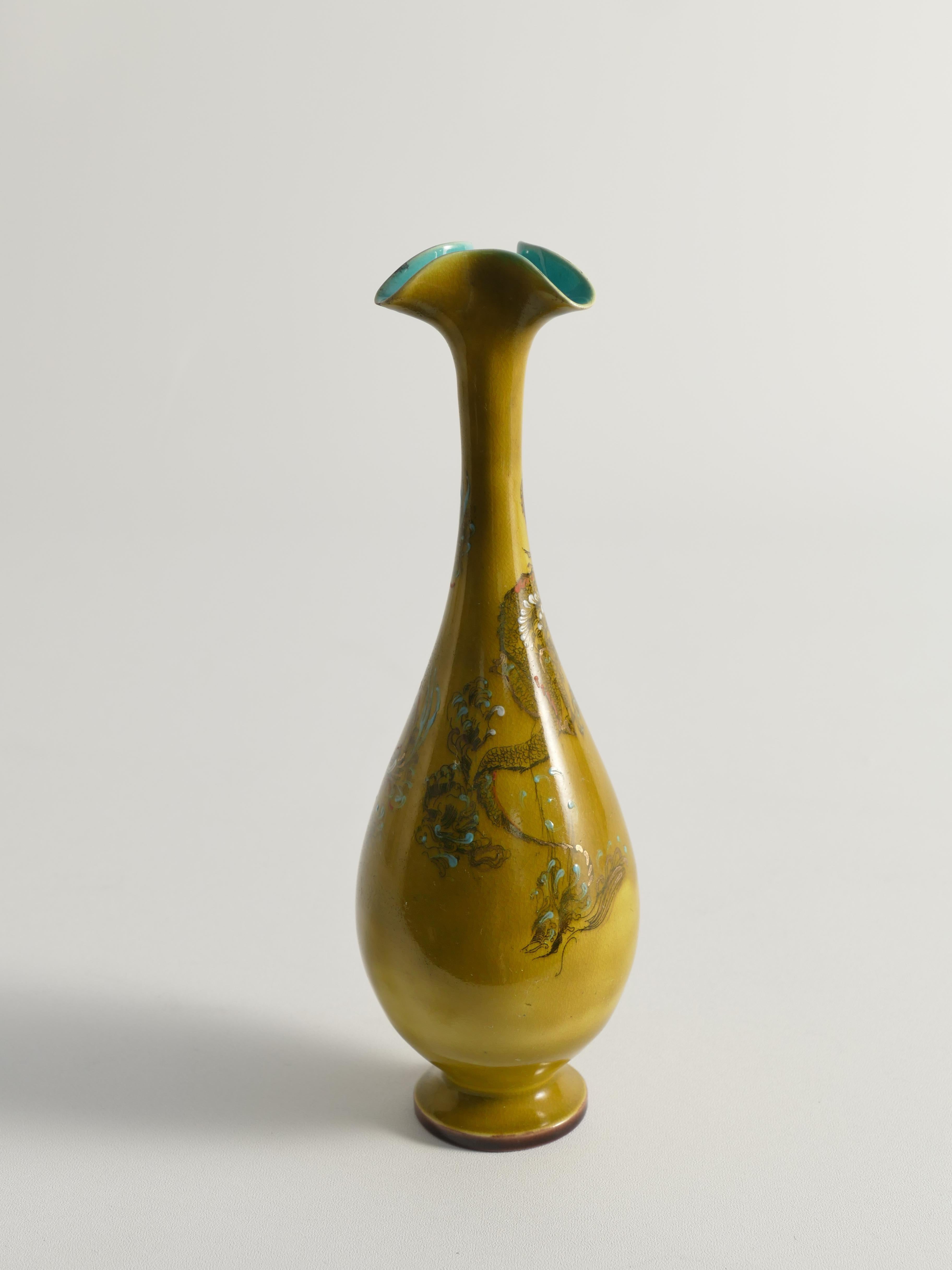 Glazed Chinoiserie Ochre Yellow Dragon Vase by Lambeth Doulton Faience, England 1880s For Sale