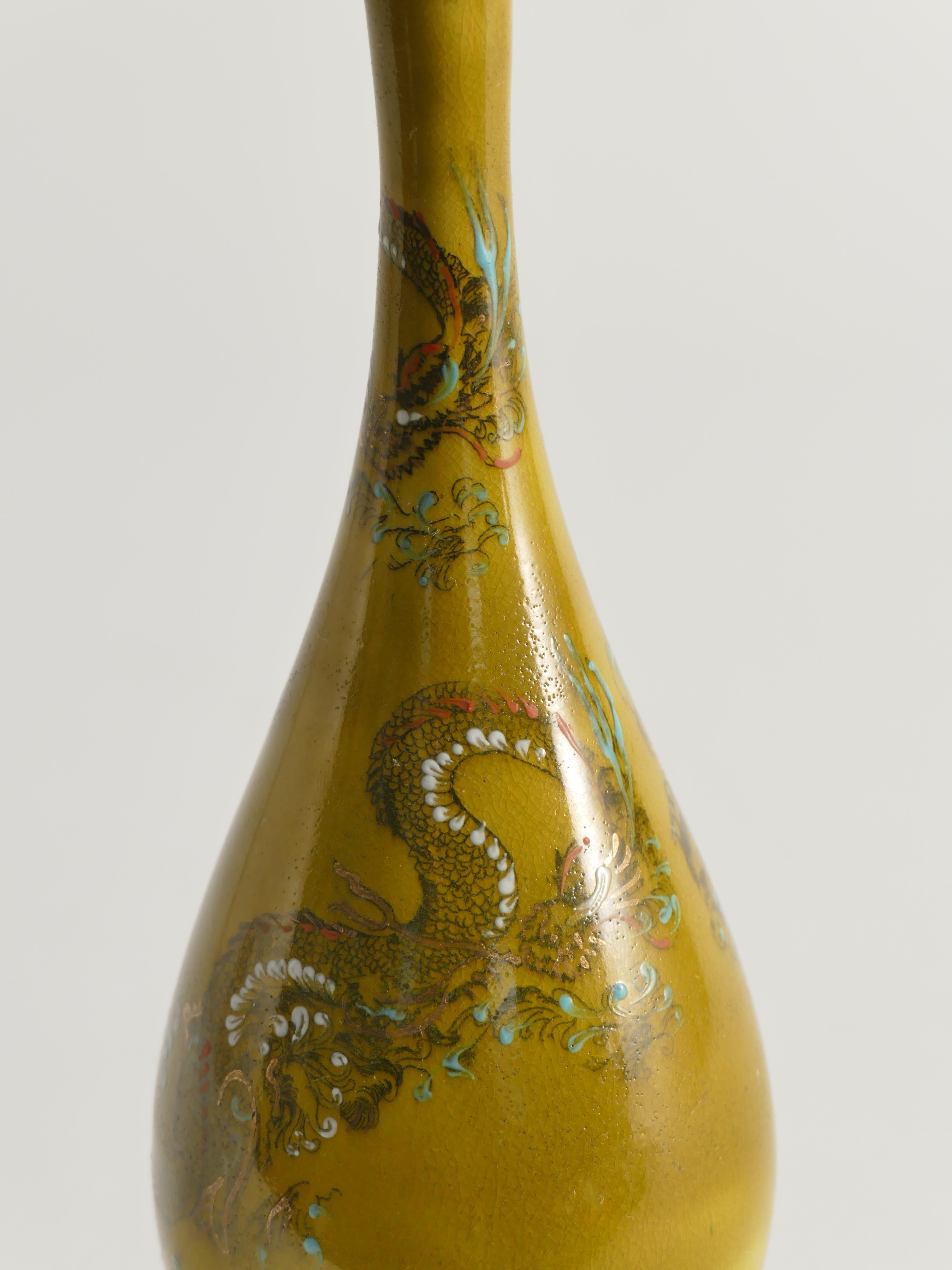 19th Century Chinoiserie Ochre Yellow Dragon Vase by Lambeth Doulton Faience, England 1880s For Sale