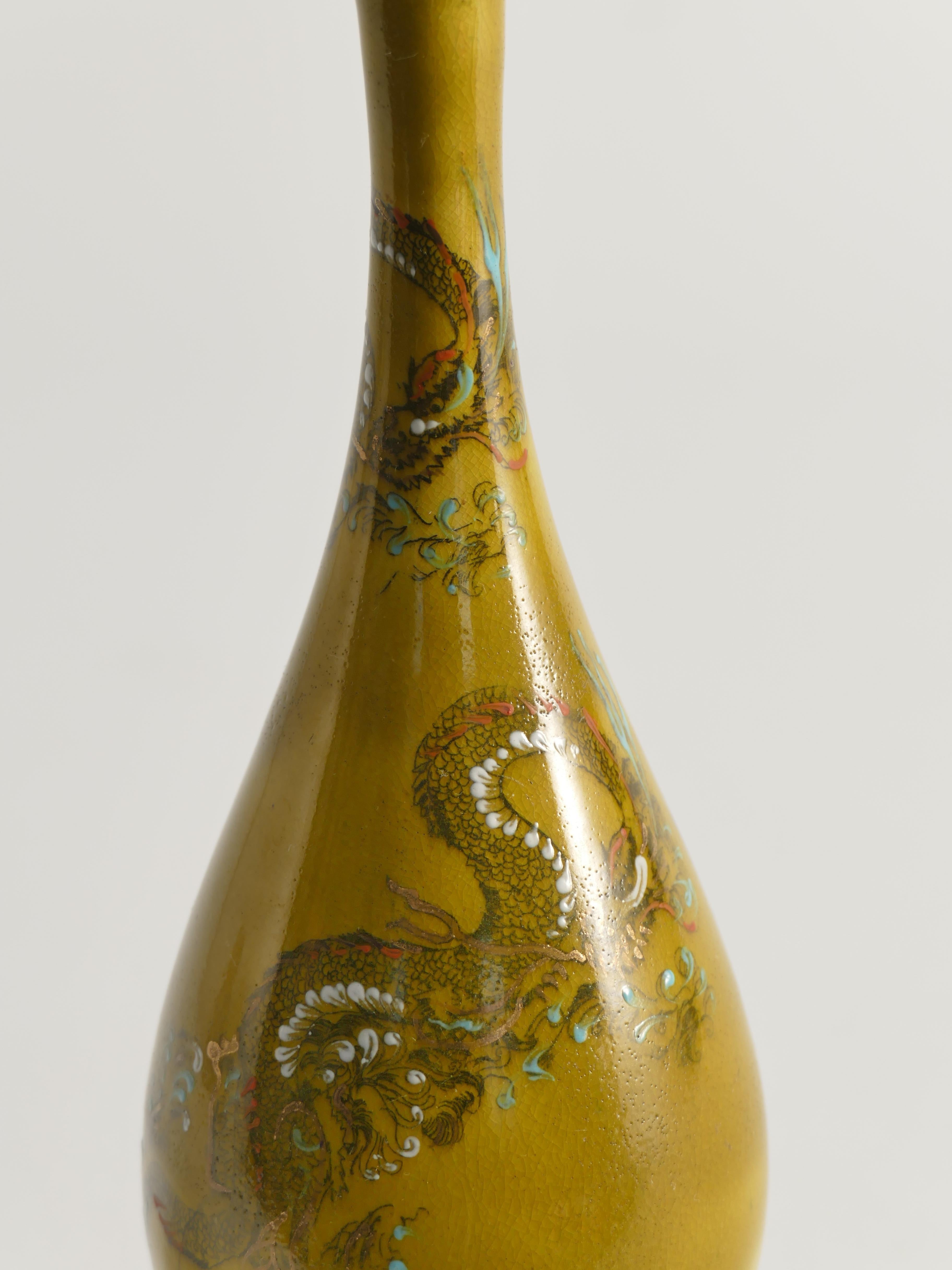 Chinoiserie Ochre Yellow Dragon Vase by Lambeth Doulton Faience, England 1880s For Sale 2