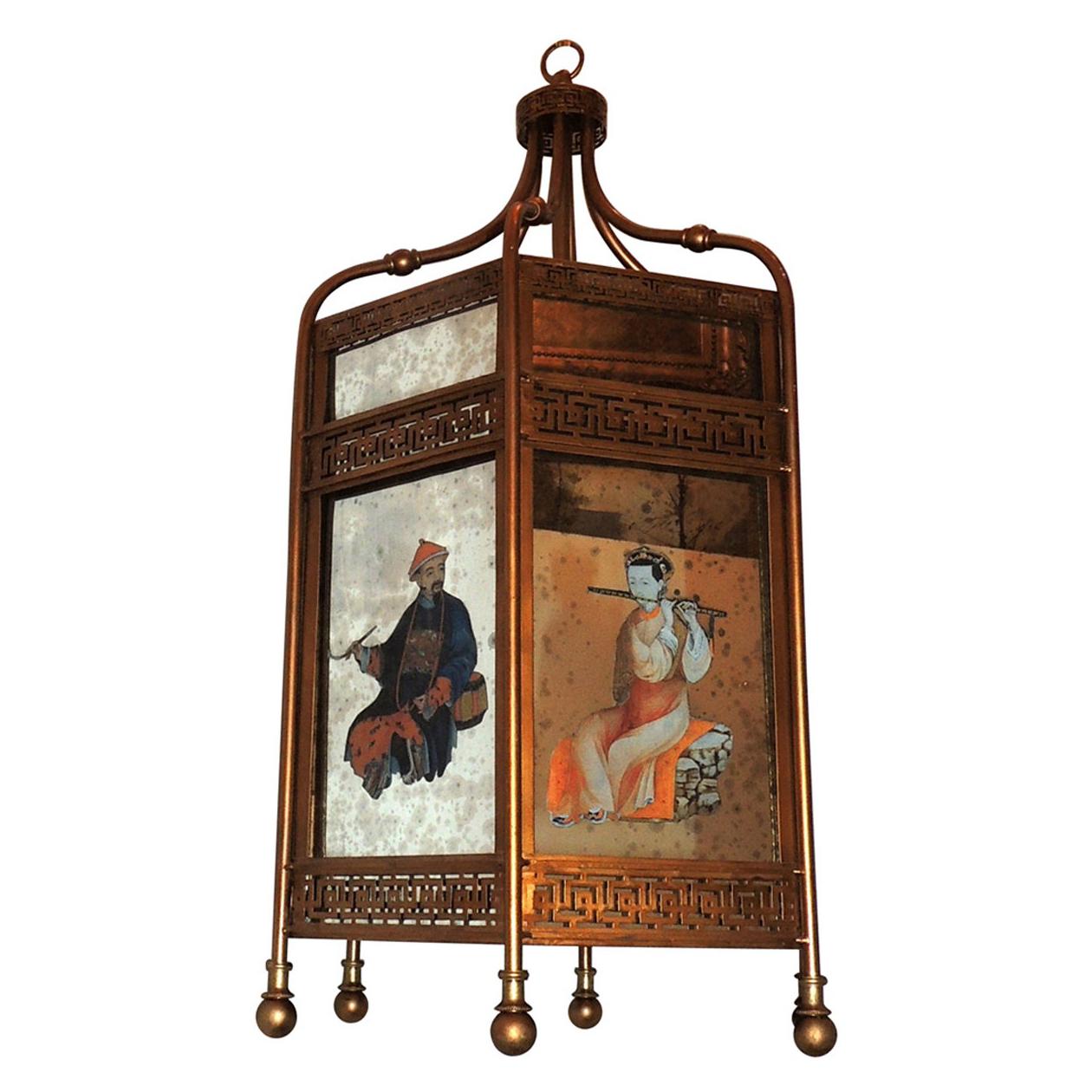 Chinoiserie Octagonal Mirrored Reverse Hand-Painted Gold Gilt Lantern Pendant For Sale