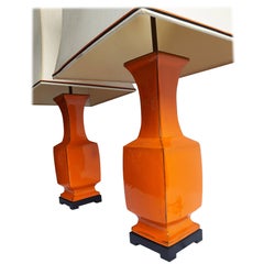 Chinoiserie Orange Porcelain Table Lamps, Mid-Century Modern