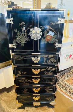 Chinoiserie Oriental Mid Century Black Lacquer Tall Dresser Wardrobe Jewelry