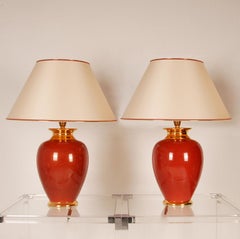 Chinoiserie Oriental Red Oxblood and Gold Porcelain Vase Table Lamps, Set of 3