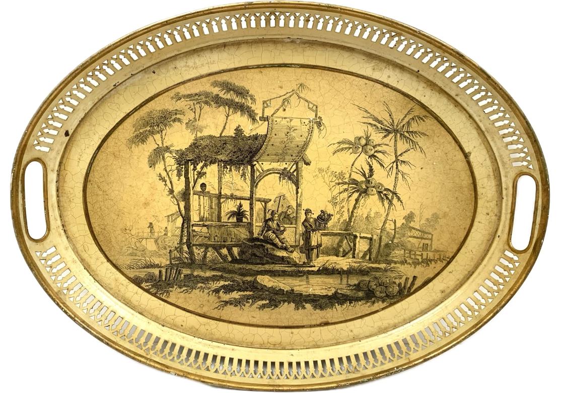 Métal Plateau ovale Chinoiserie avec scène de rivière exotique en vente