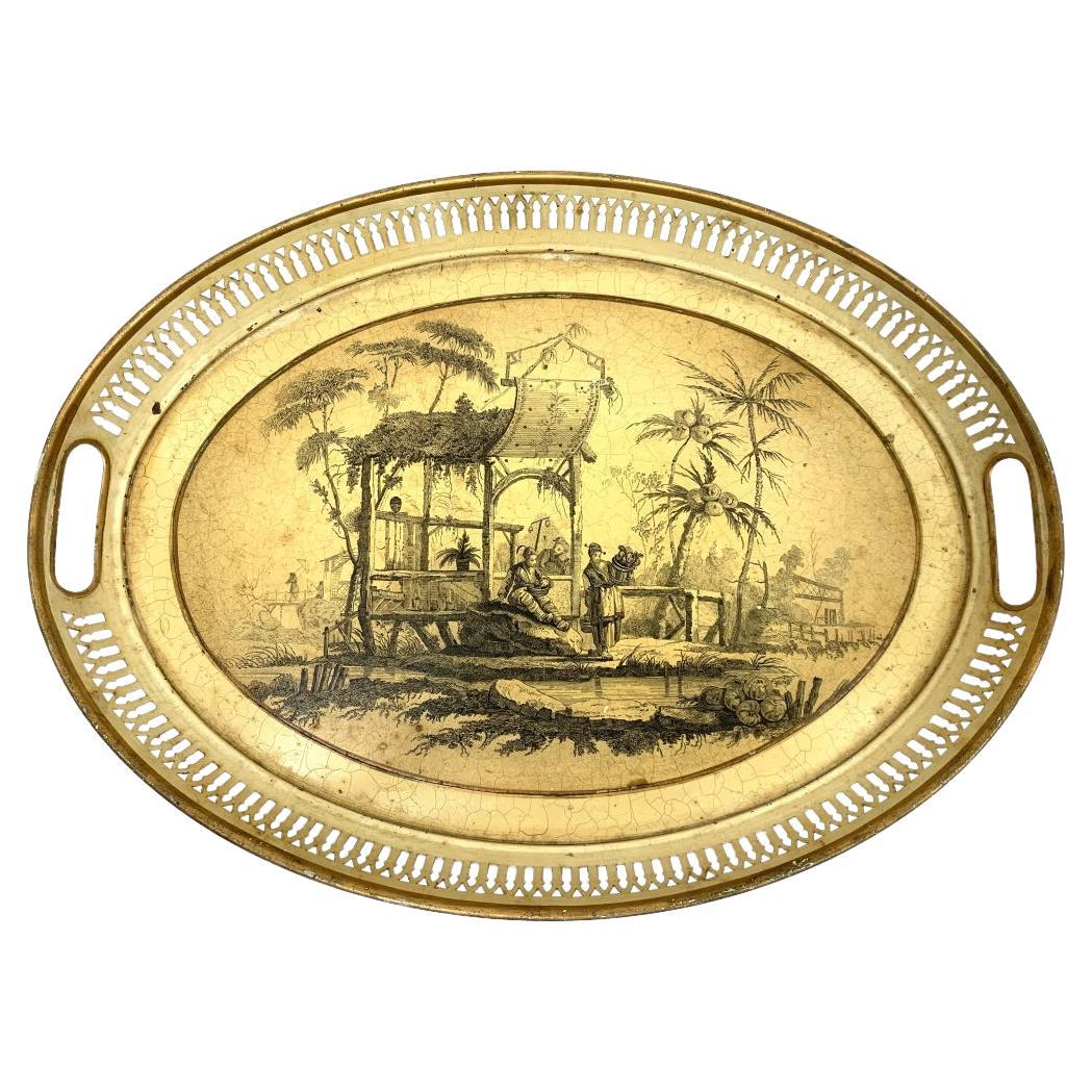 Chinoiserie Oval Tole Tray With Exotic River Scene