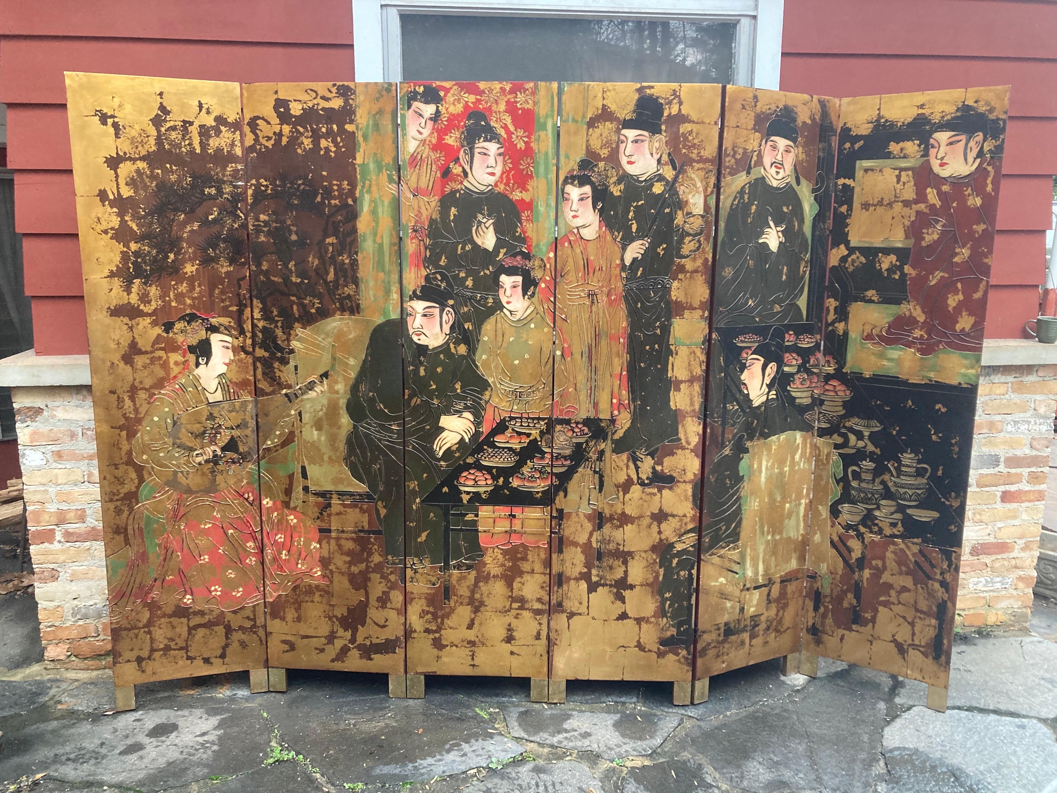 Chinese Chinoiserie Oversized Folding Screen, circa 1950 For Sale