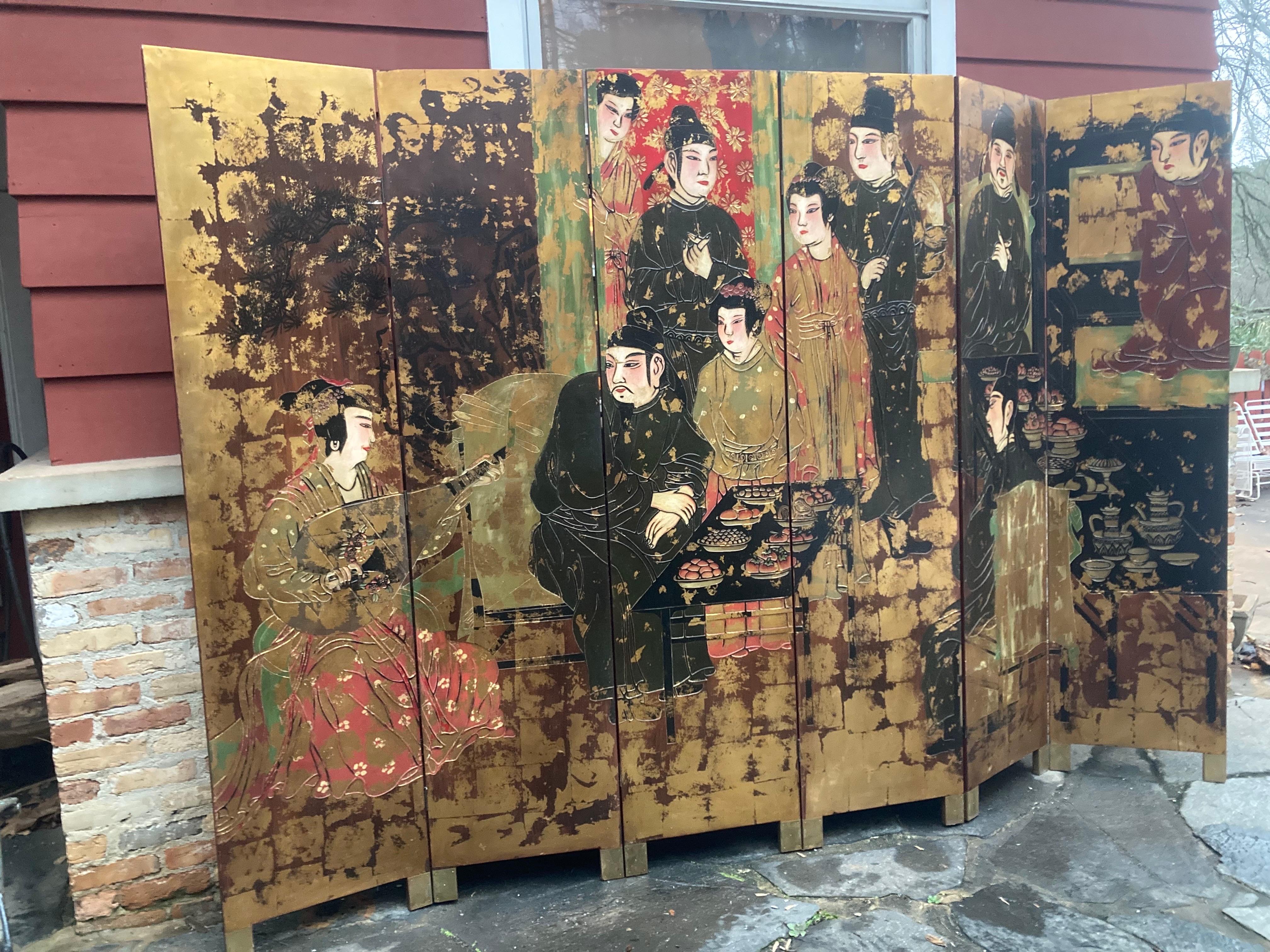 20th Century Chinoiserie Oversized Folding Screen, circa 1950 For Sale