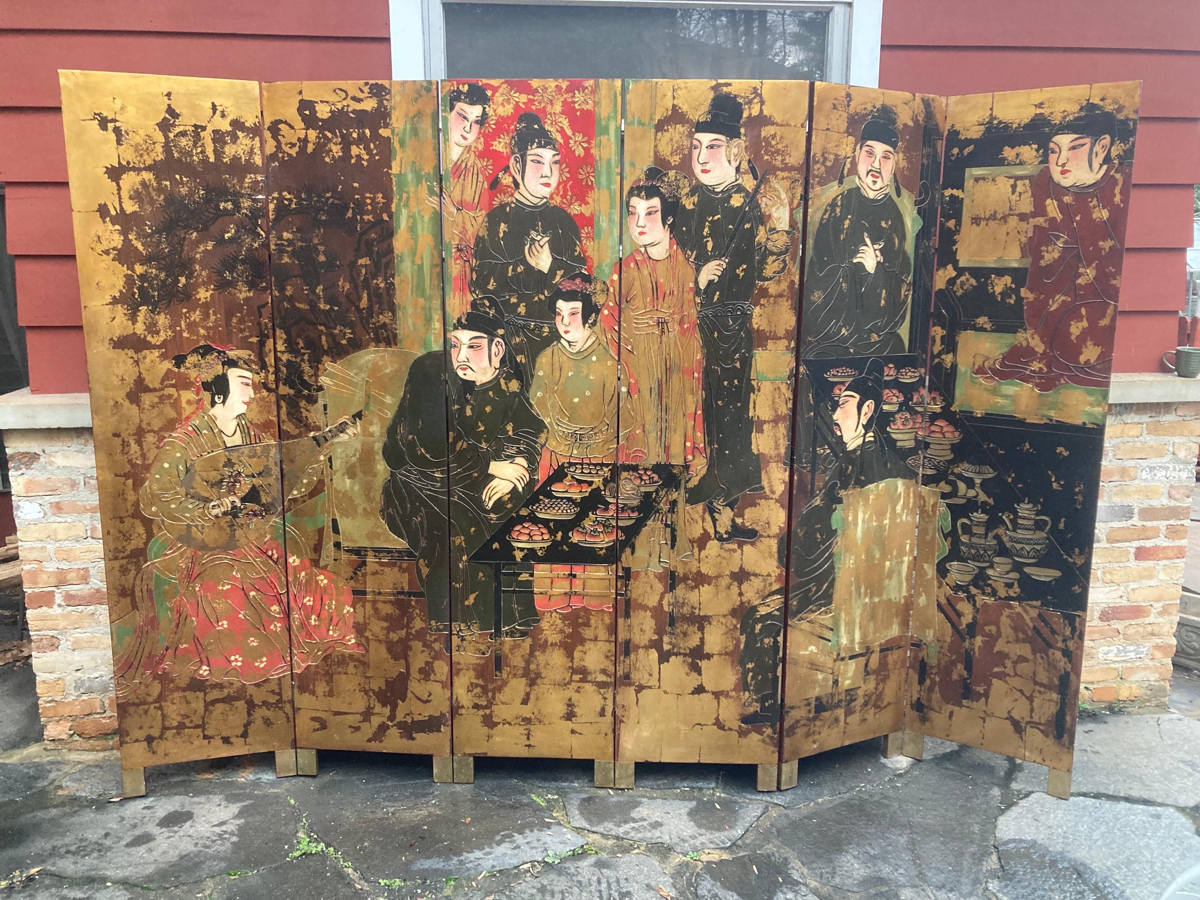 Wood Chinoiserie Oversized Folding Screen, circa 1950 For Sale