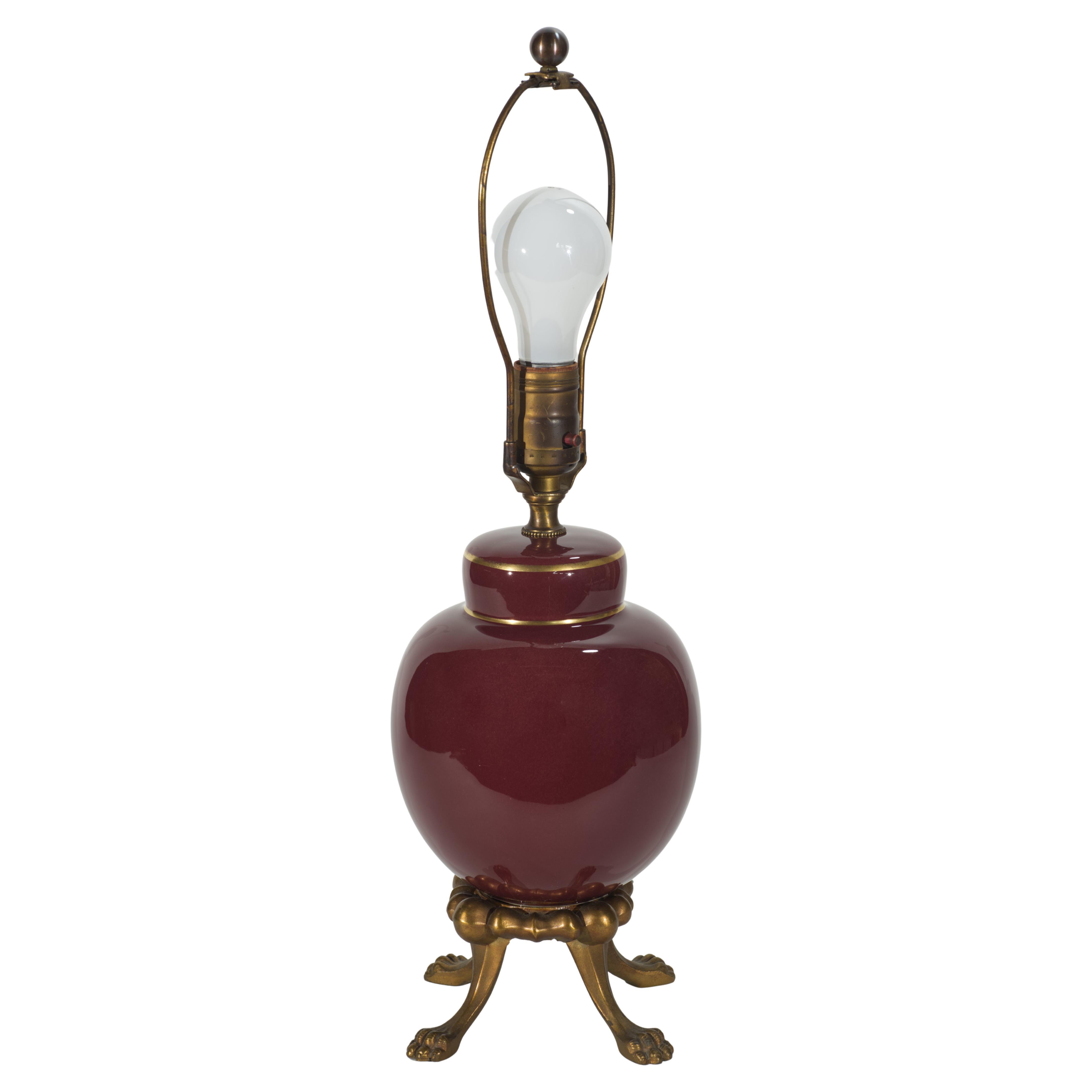Chinoiserie Oxblood Red Ginger Jar Urn Table Lamp on Bronze Claw Foot Base For Sale