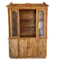 Chinoiserie Pagoda Bamboo China Cabinet with Glass Doors and Wood Drawers 1970s