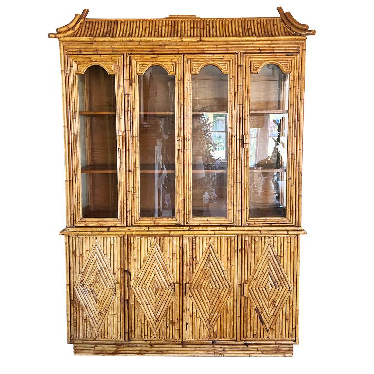 Hollywood Regency Chinoiserie Pagoda Bamboo China Cabinet with Glass Doors and Wood Drawers For Sale