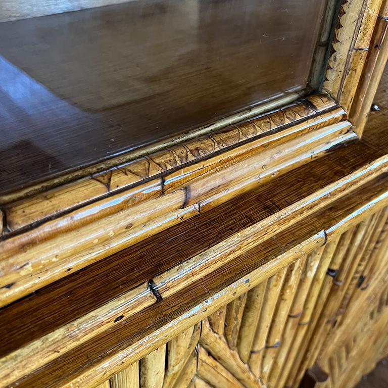 American Chinoiserie Pagoda Bamboo China Cabinet with Glass Doors and Wood Drawers 1970s For Sale