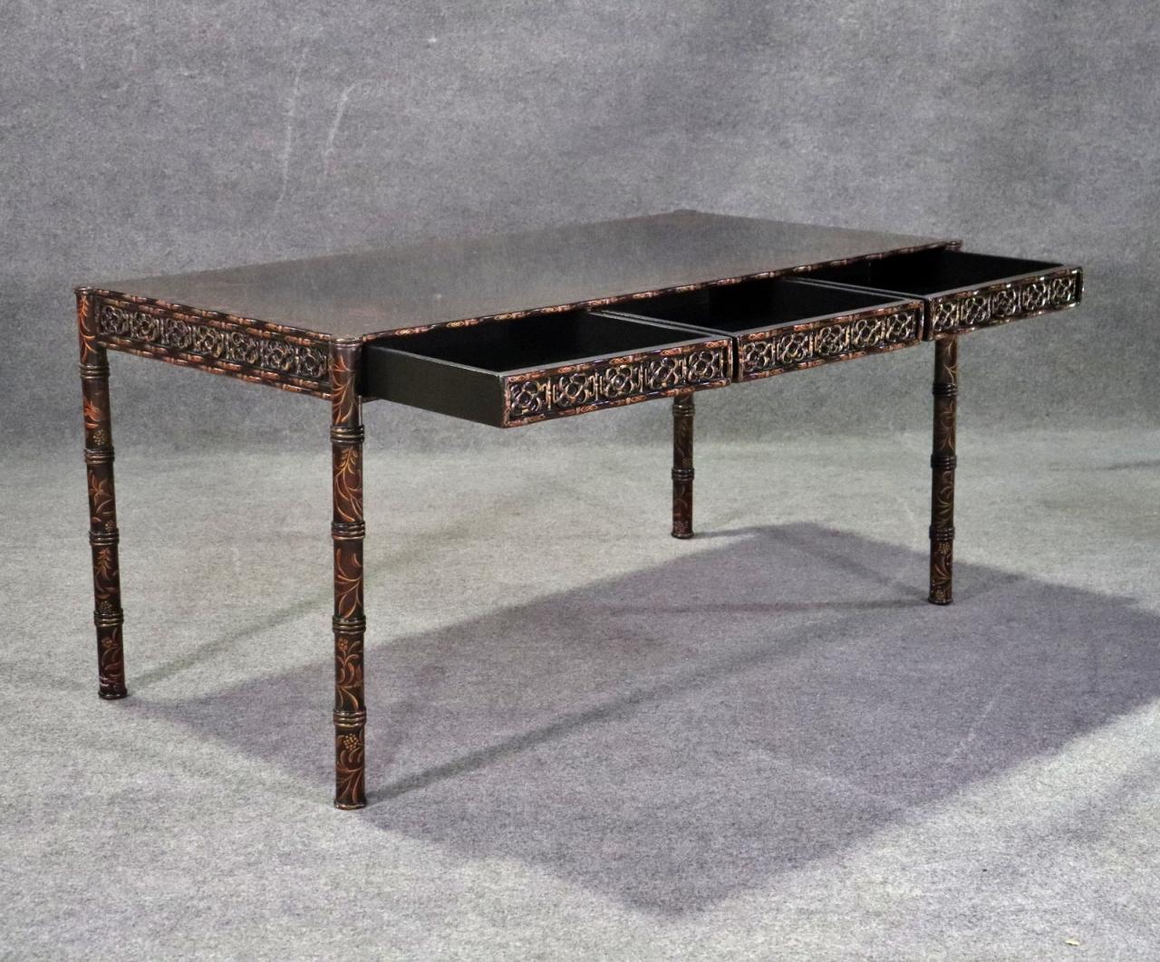 Chinoiserie Paint Decorated Faux Bamboo Writing Desk  4